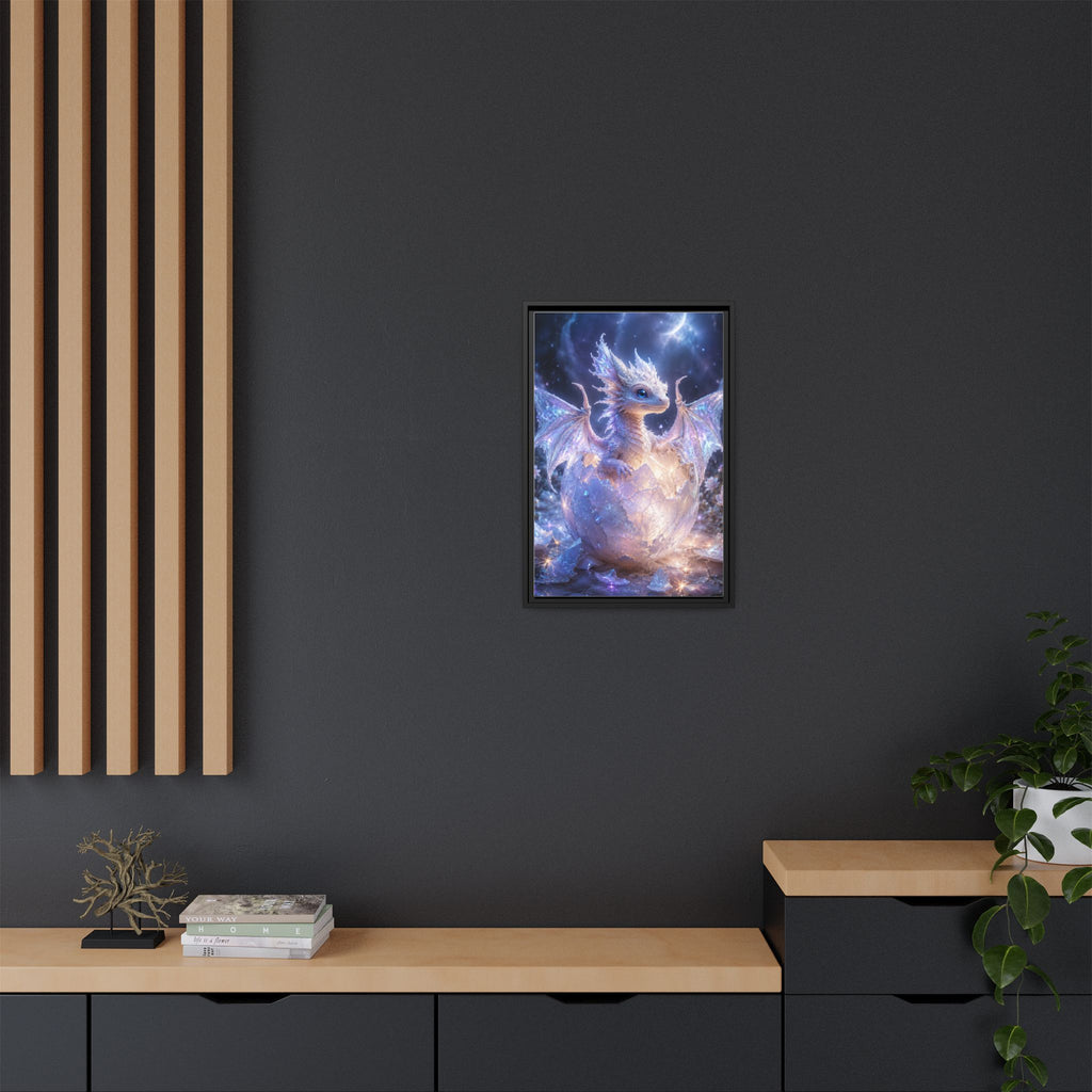 Framed Fantasy Dragon Canvas Print — Mystical Baby Dragon in Cracked Egg Wall Art