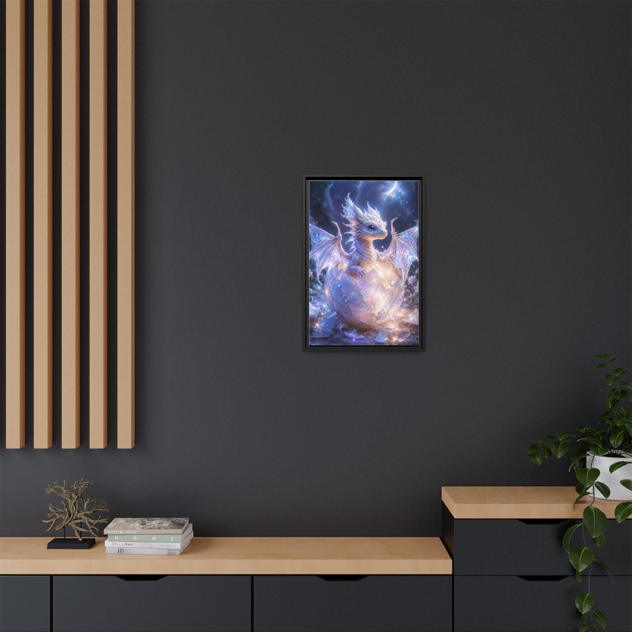 Framed Fantasy Dragon Canvas Print — Mystical Baby Dragon in Cracked Egg Wall Art