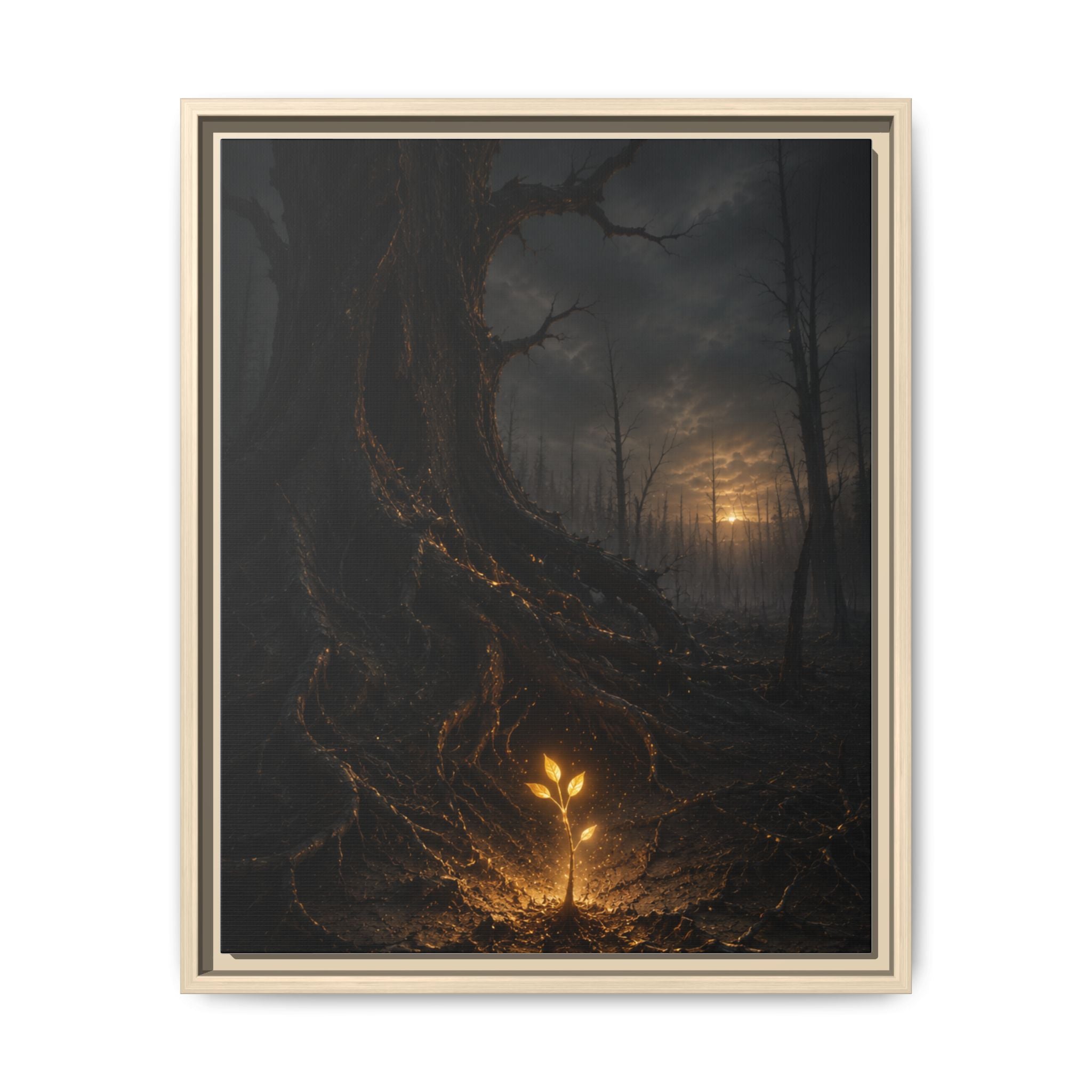 Framed Matte Canvas — Glow Sprout in Dark Forest (Ethereal Fantasy Wall Art)