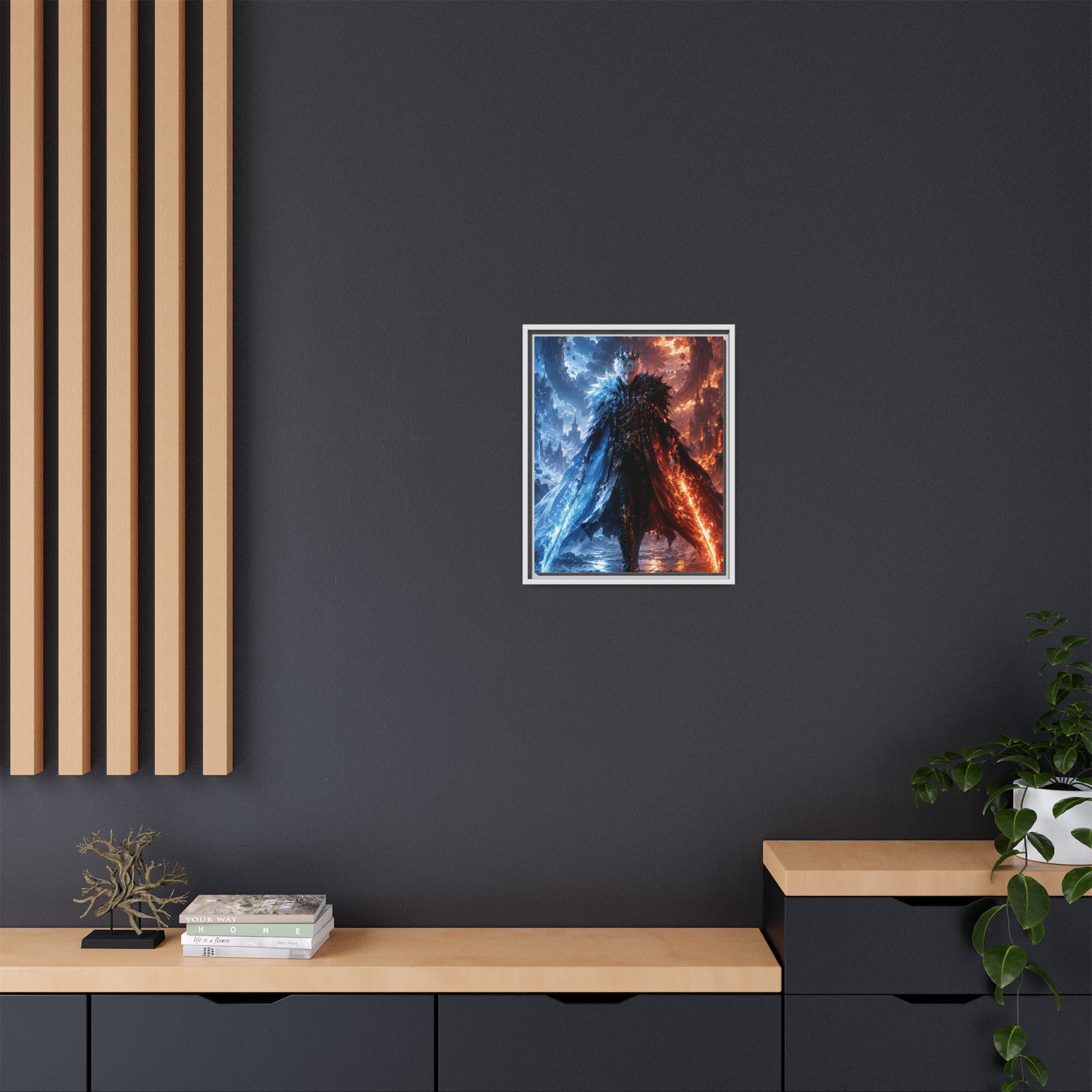 Framed Fantasy Canvas Print — Ice vs Fire Dark Knight Wall Art