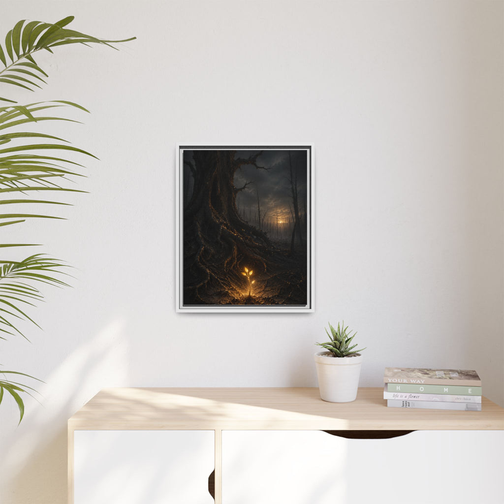 Framed Matte Canvas — Glow Sprout in Dark Forest (Ethereal Fantasy Wall Art)