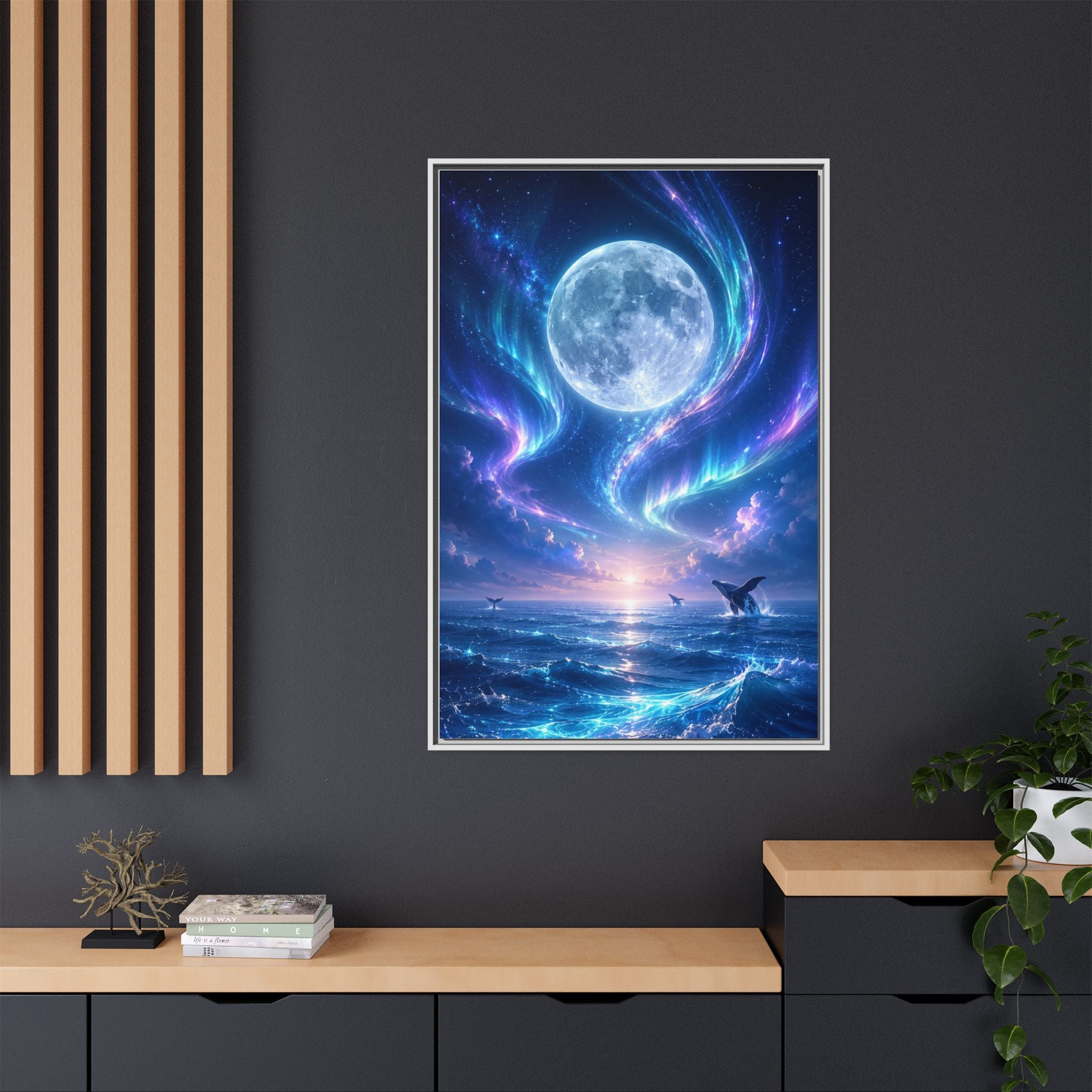 Framed Canvas Art - Lunar Aurora Ocean Scene