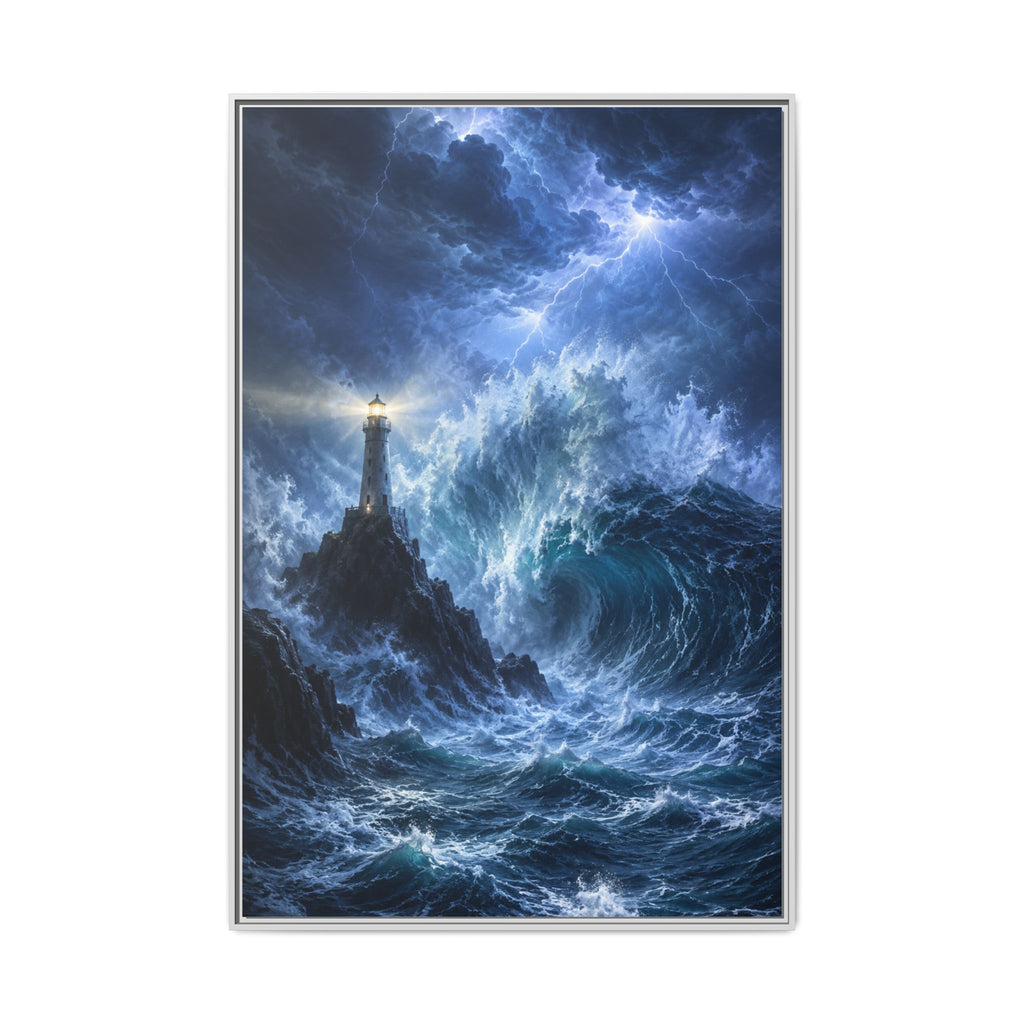 Framed Matte Canvas – Stormy Lighthouse Ocean Print