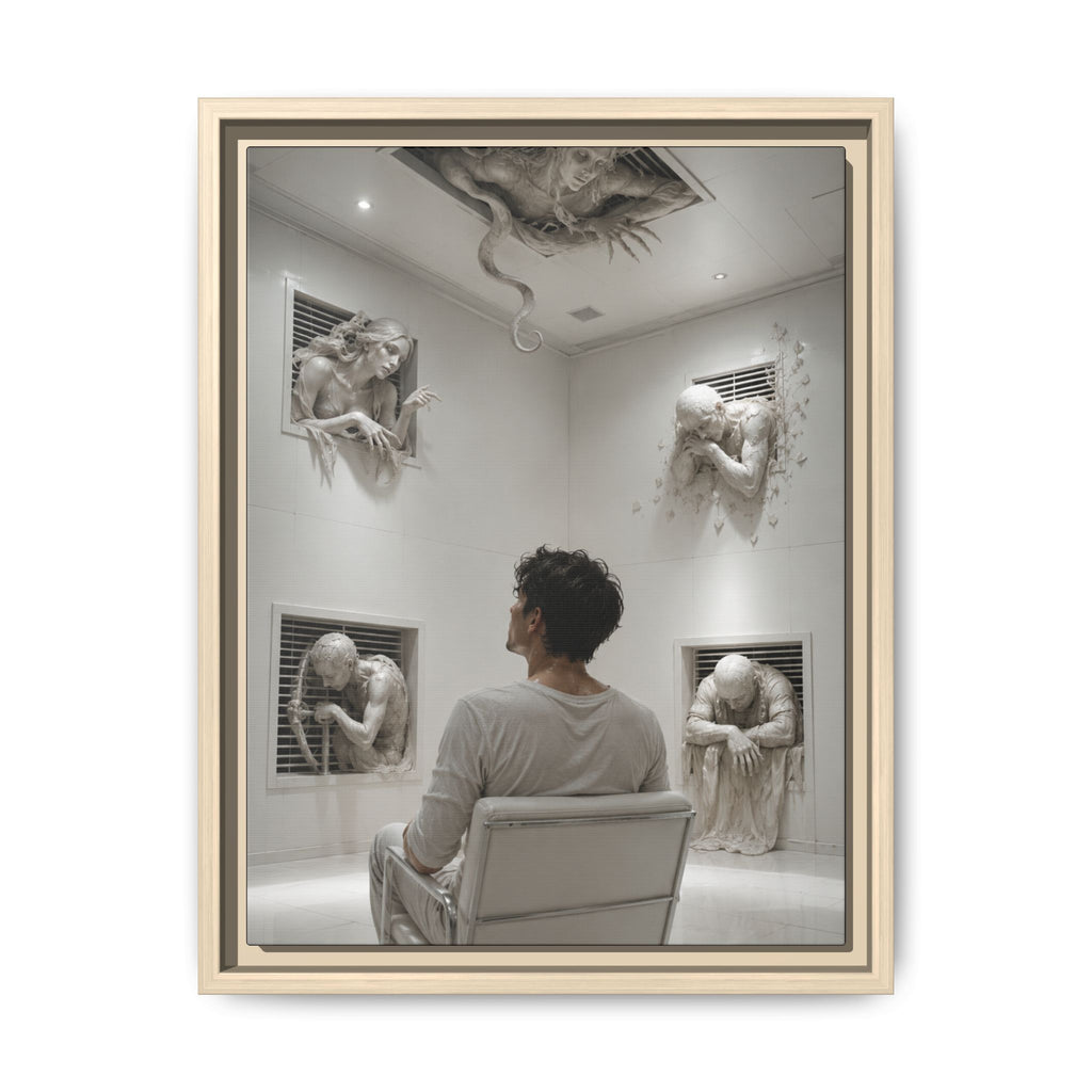 Surreal Wall Art Print — Man in Gallery with Sculpted Figures, Fine Art Paper Print