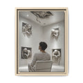 Surreal Wall Art Print — Man in Gallery with Sculpted Figures, Fine Art Paper Print