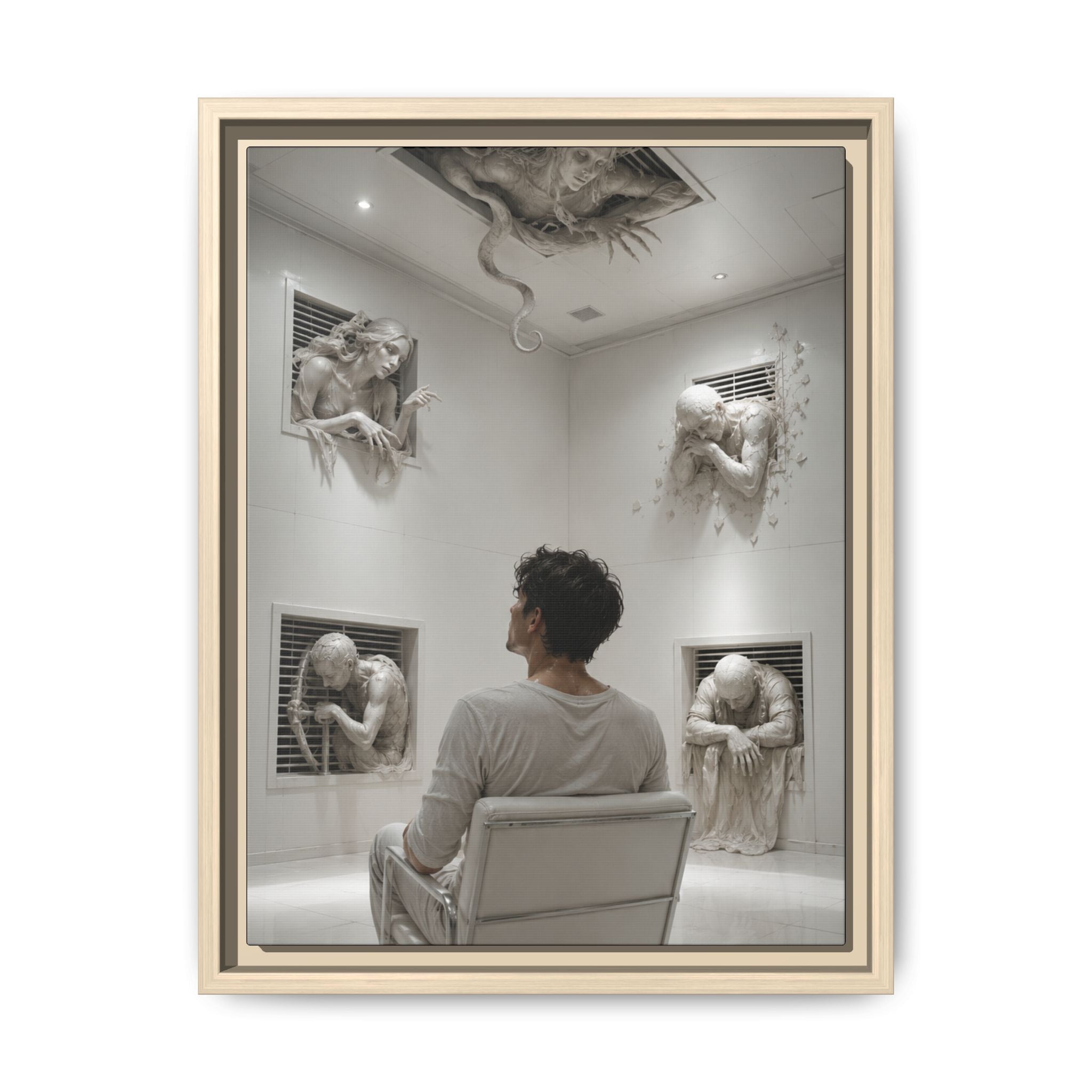 Surreal Wall Art Print — Man in Gallery with Sculpted Figures, Fine Art Paper Print