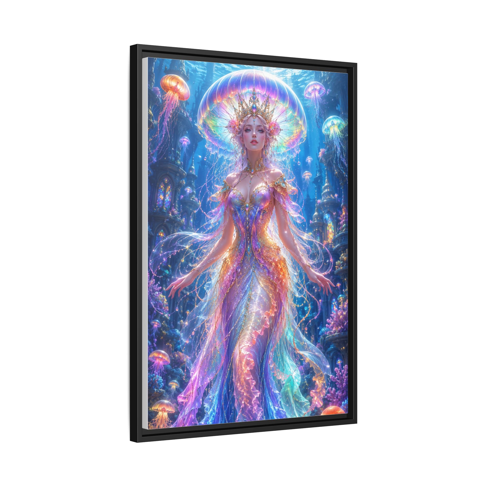 Jellyfish Queen Framed Canvas Art — Vibrant Mermaid Goddess Wall Print