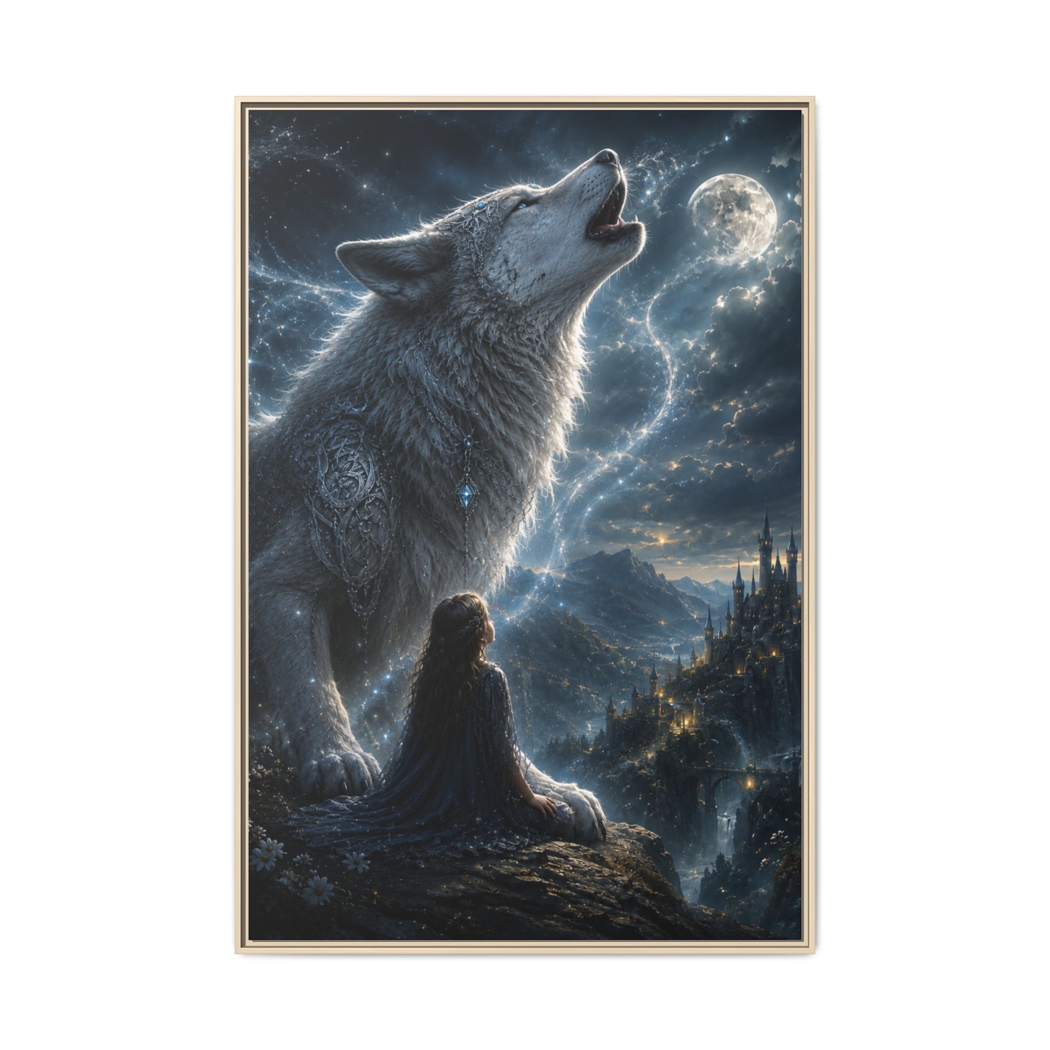 Howling Wolf Moon Matte Canvas Print — Framed Fantasy Wall Art