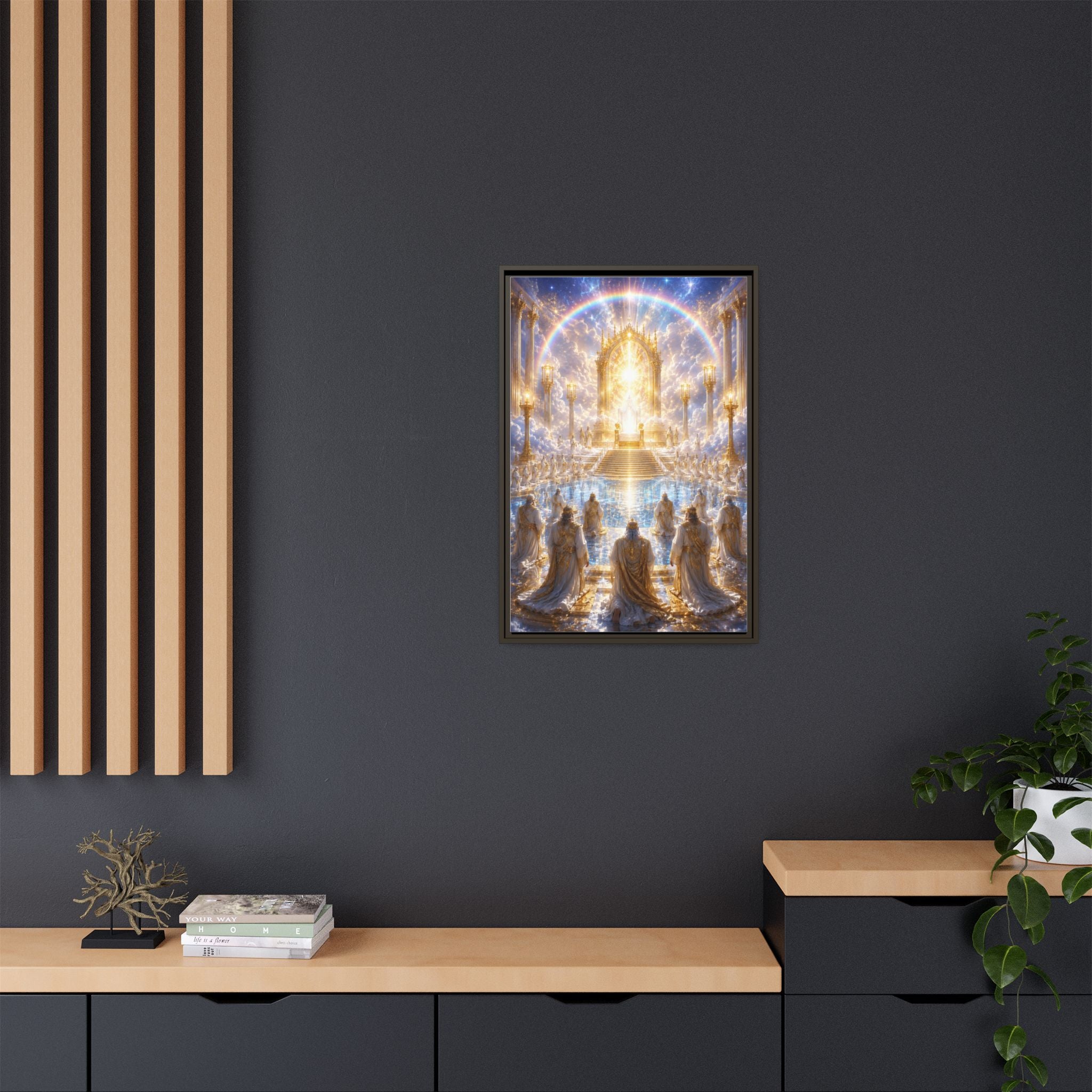 Heavenly Throne Room Matte Framed Canvas — Golden Angelic Realm Wall Art