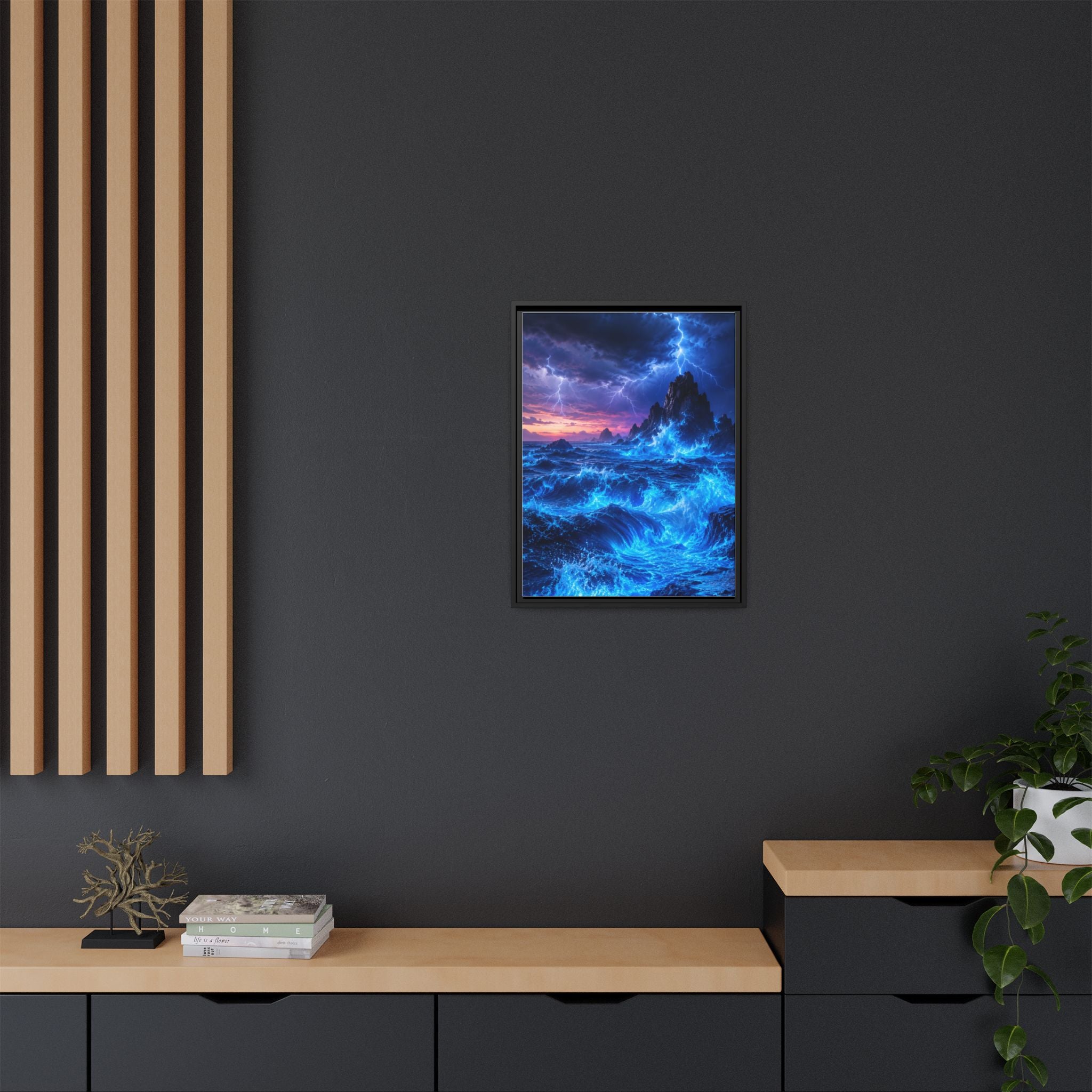 Framed Matte Canvas Art — Electric Stormy Ocean Landscape