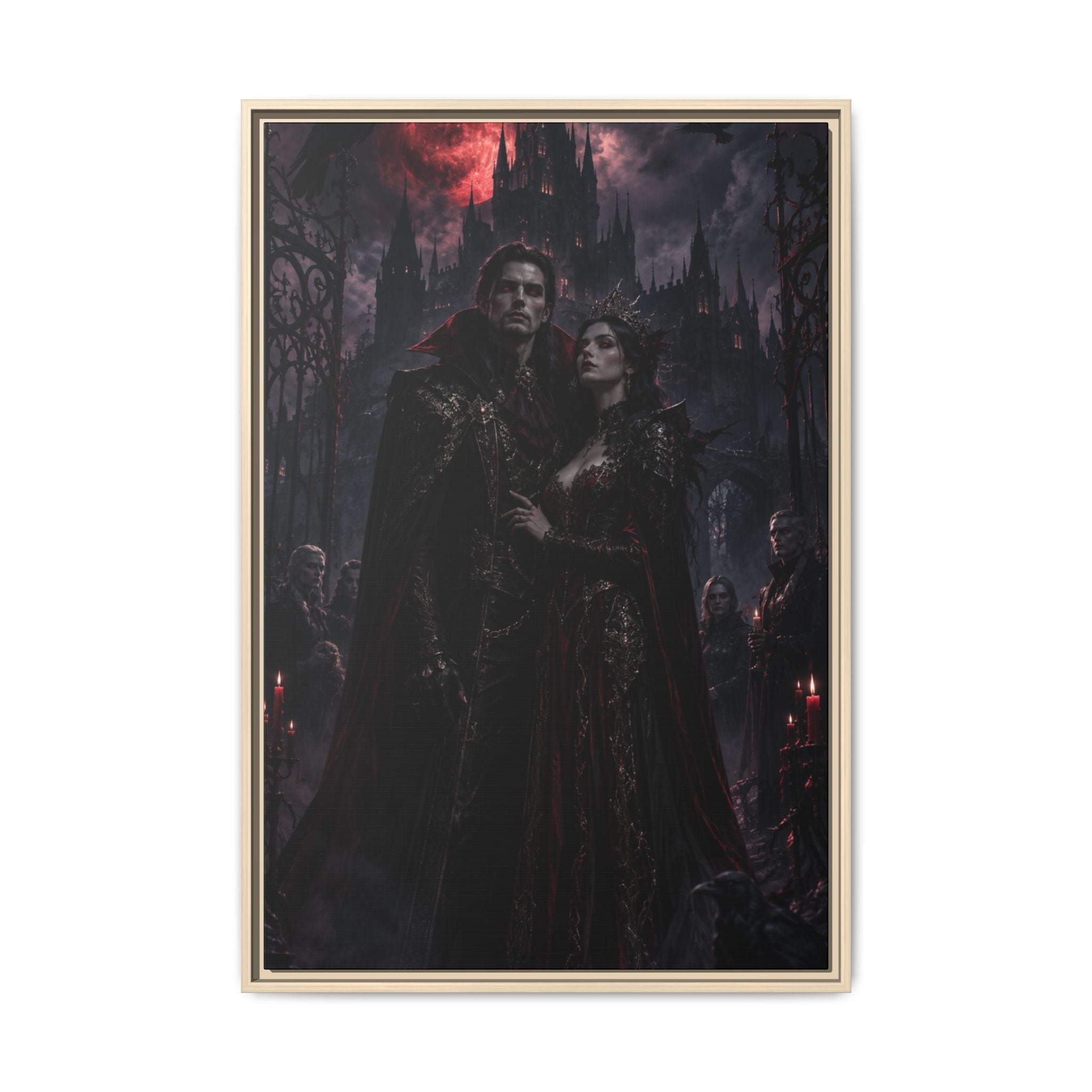 Vampire Couple Matte Fine Art Paper Print – Gothic Red Moon Wall Decor
