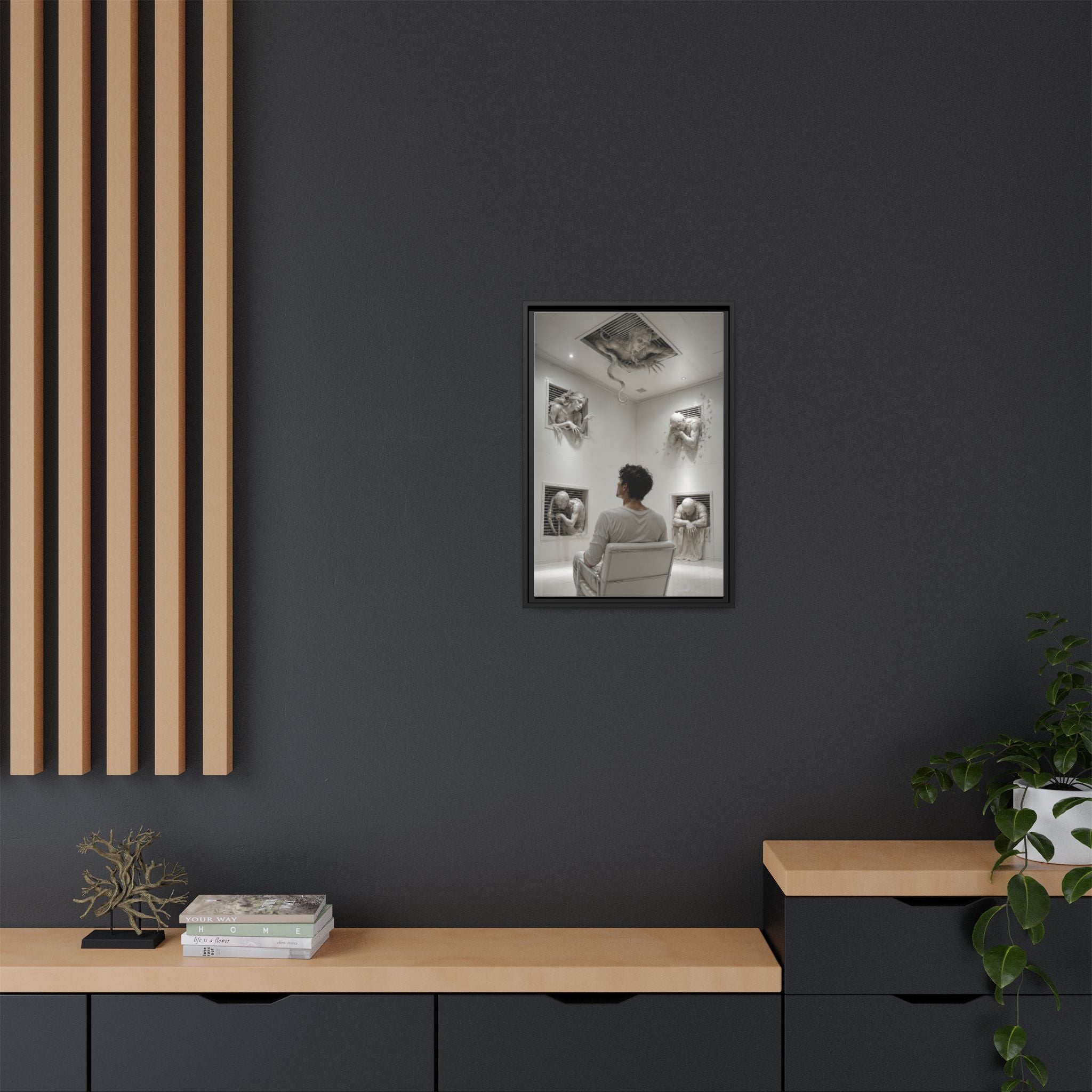 Surreal Wall Art Canvas — Man in Gallery with Sculpted Figures, Framed Matte Print