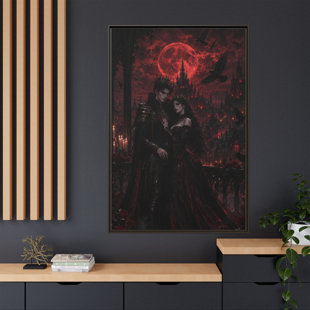 Vampire Lovers Matte Framed Canvas — Gothic Red Moon Wall Art