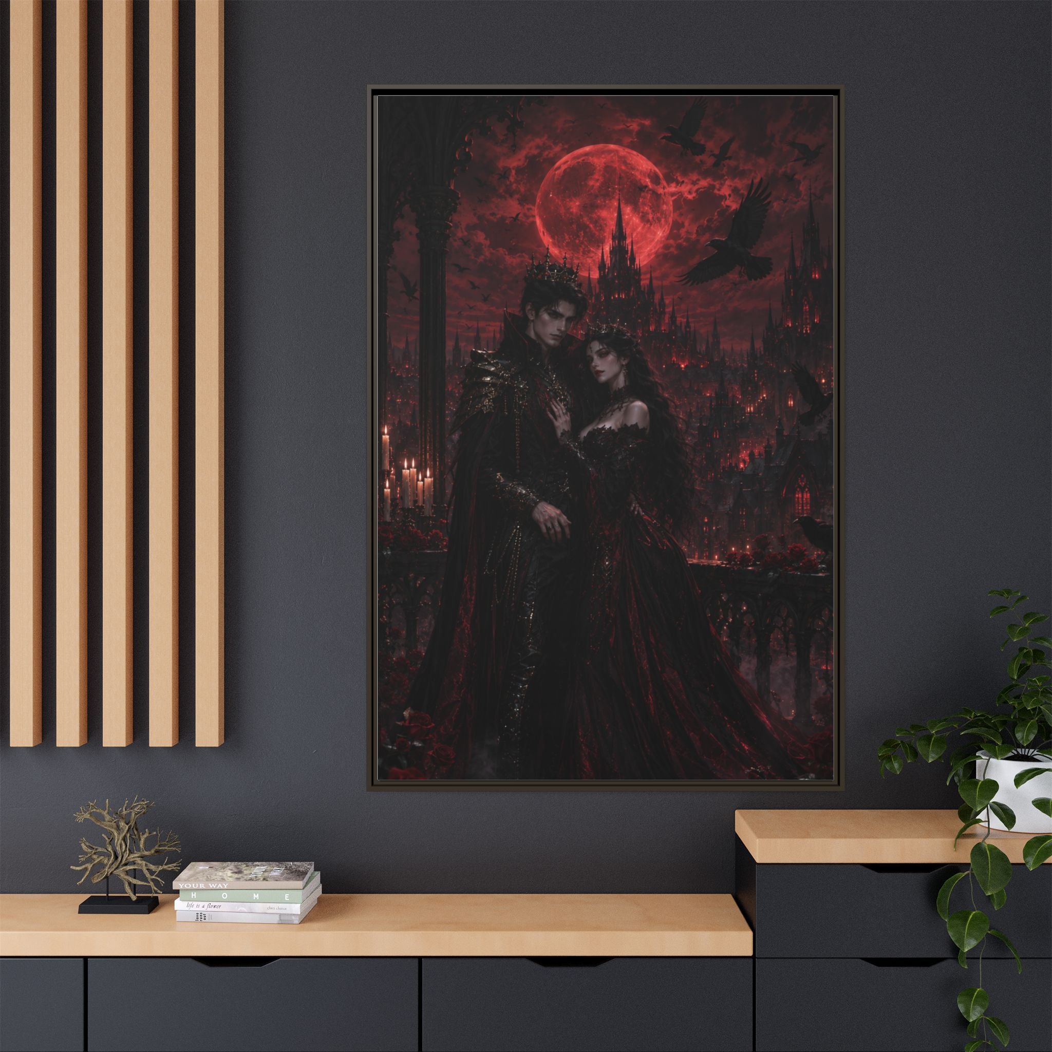 Vampire Lovers Matte Framed Canvas — Gothic Red Moon Wall Art