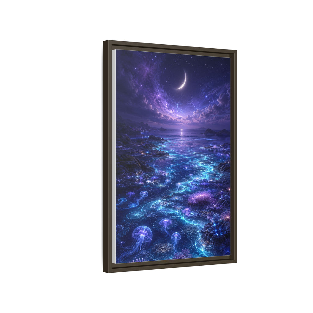 Framed Canvas Art — Bioluminescent Moonlit Ocean Scene