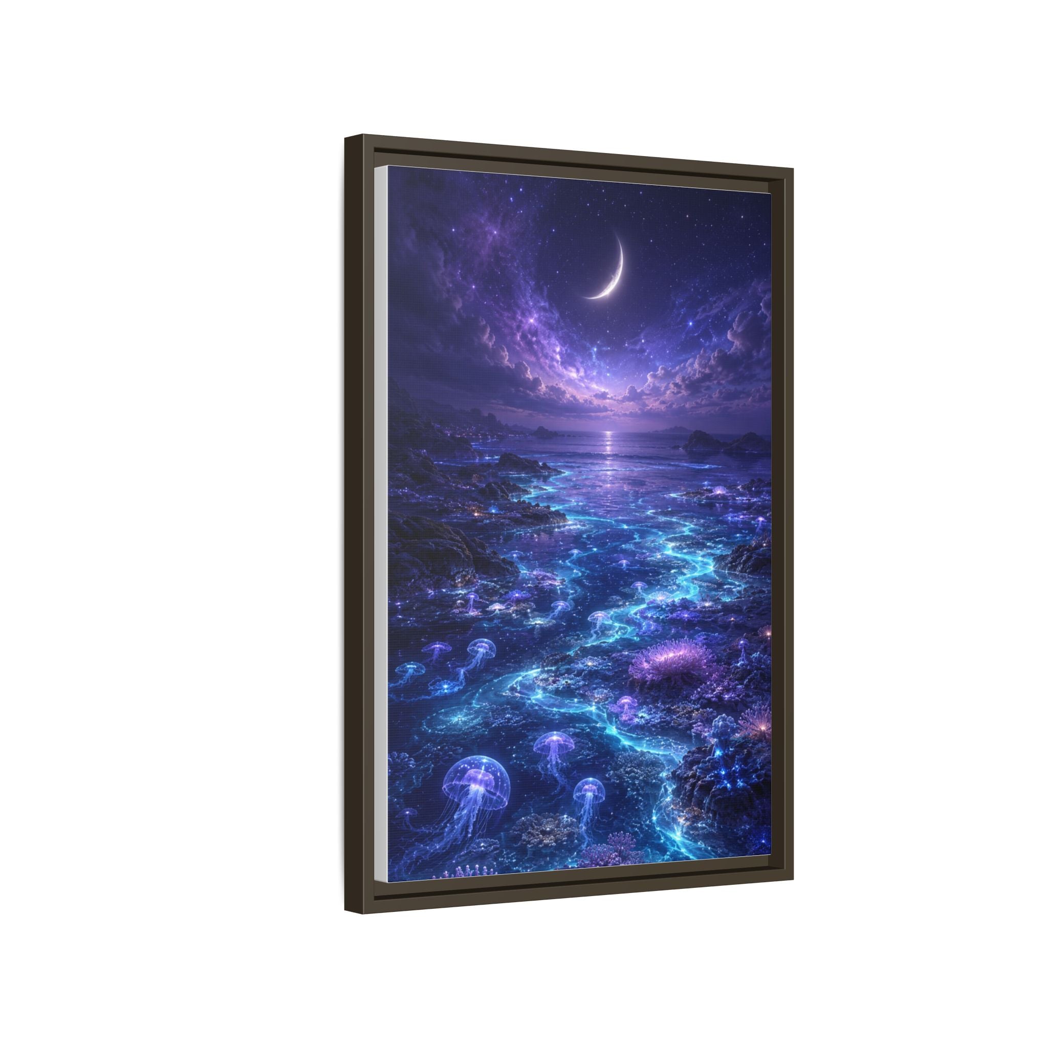 Framed Canvas Art — Bioluminescent Moonlit Ocean Scene