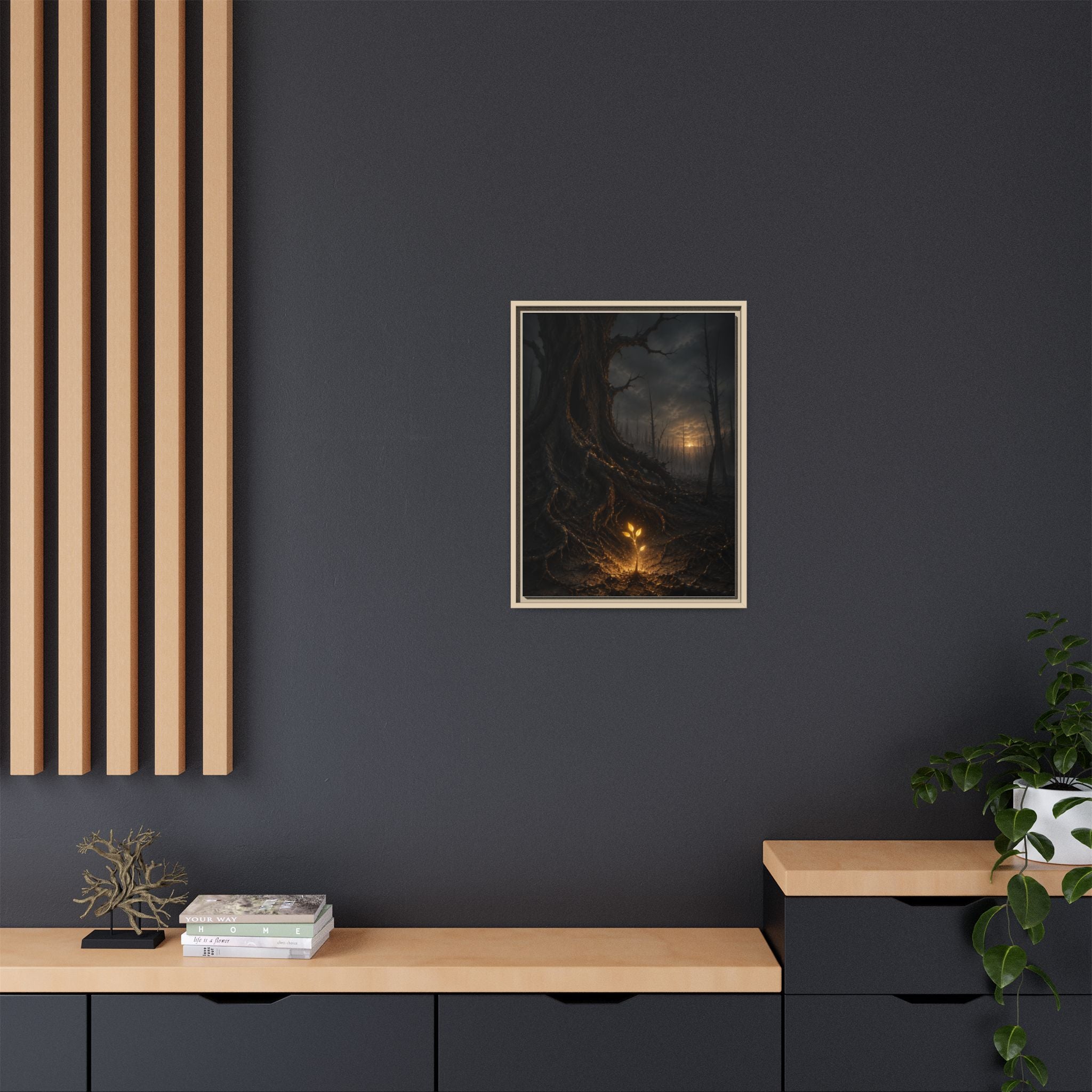 Framed Matte Canvas — Glow Sprout in Dark Forest (Ethereal Fantasy Wall Art)