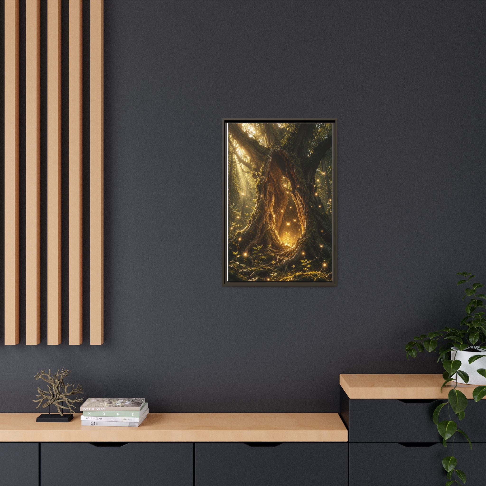 Framed Canvas Art - Enchanted Forest Tree with Glowing Fireflies