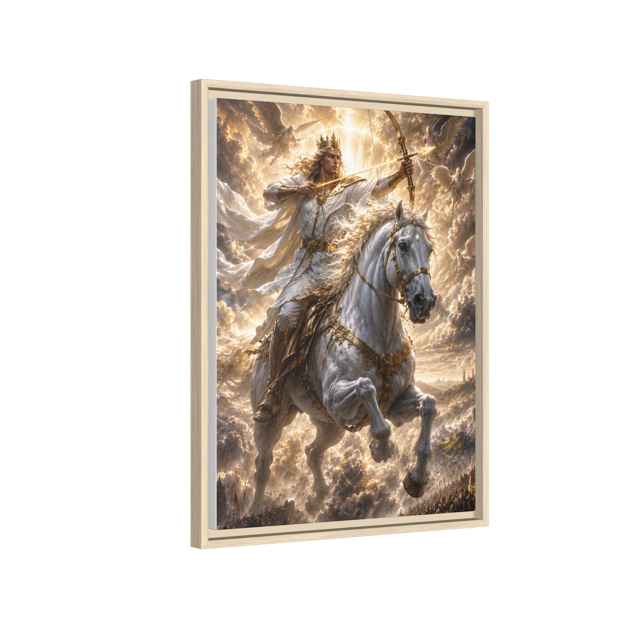 Mythic Warrior on White Steed — Framed Matte Canvas Wall Art