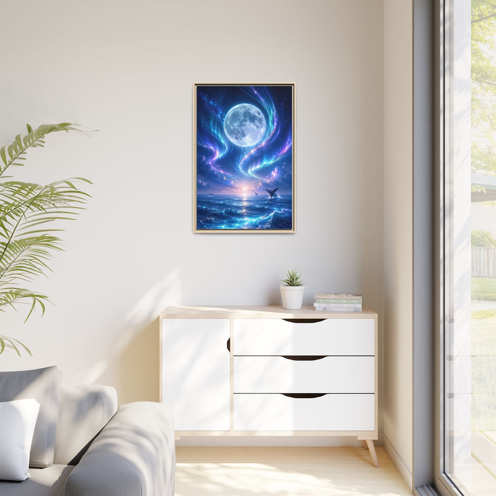 Framed Canvas Art - Lunar Aurora Ocean Scene