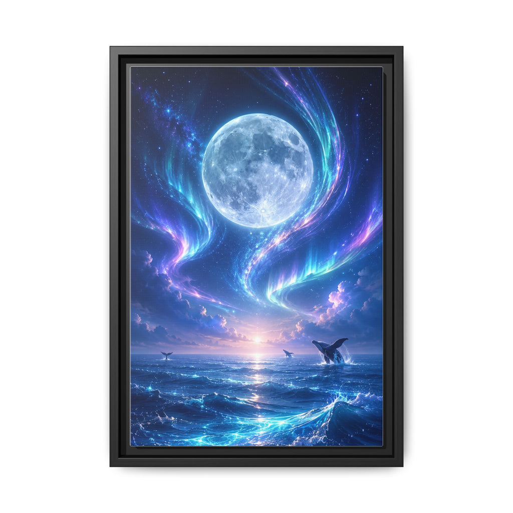 Framed Canvas Art - Lunar Aurora Ocean Scene
