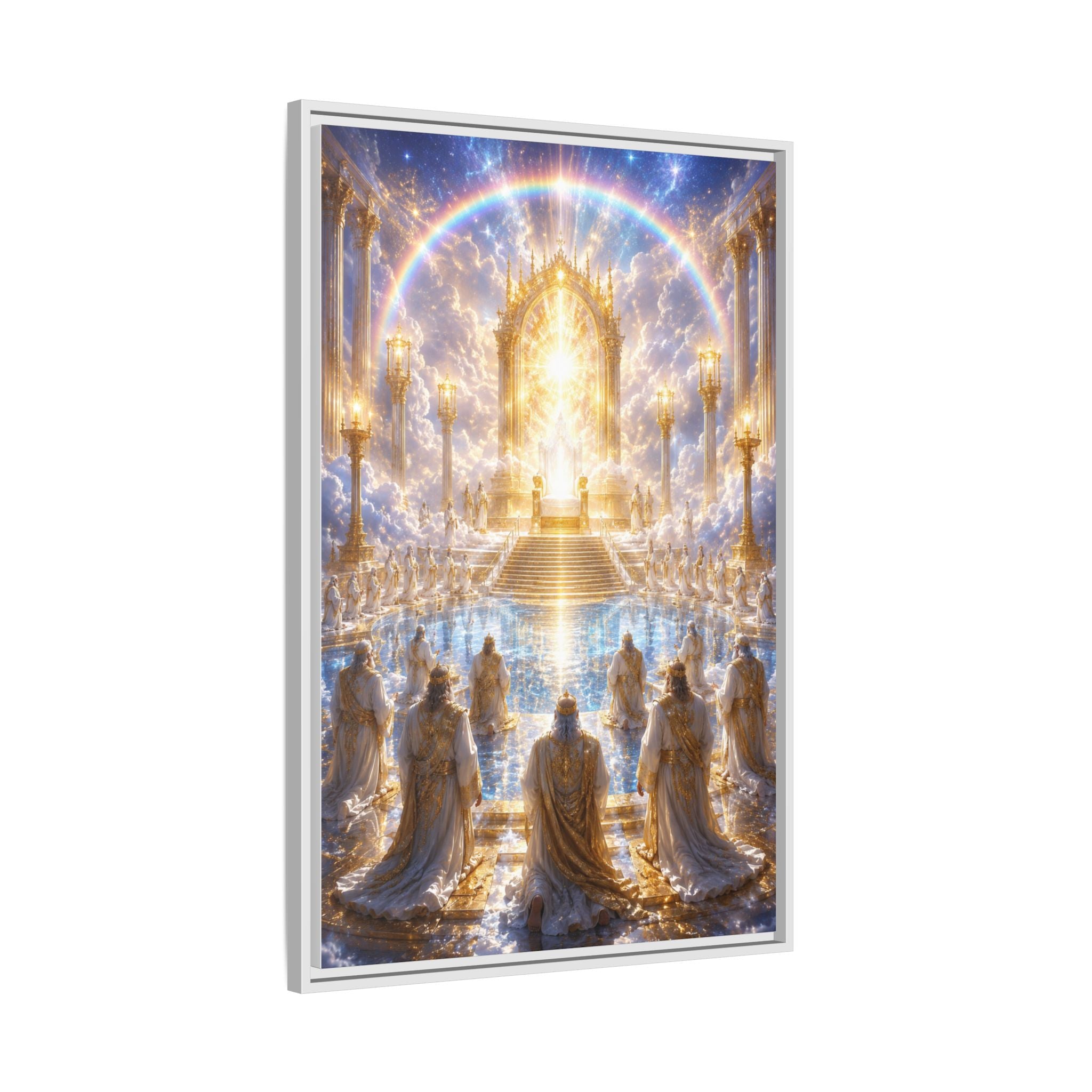 Heavenly Throne Room Matte Framed Canvas — Golden Angelic Realm Wall Art