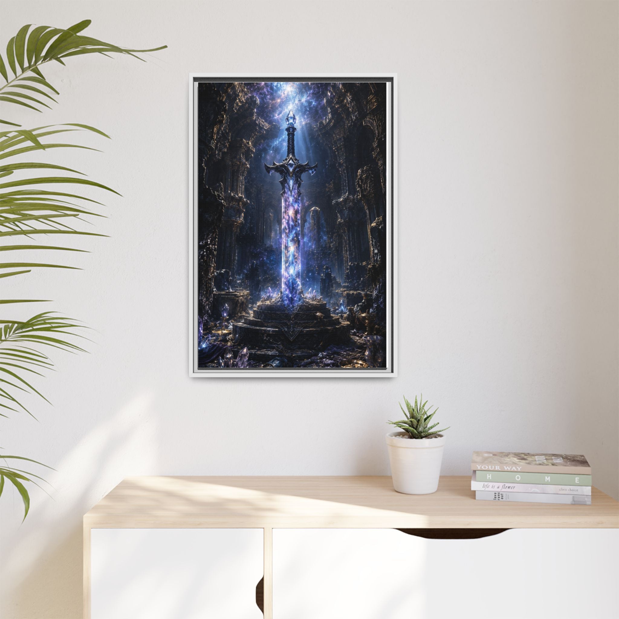 Framed Fantasy Sword Canvas — Mystical Glowing Blade Wall Art