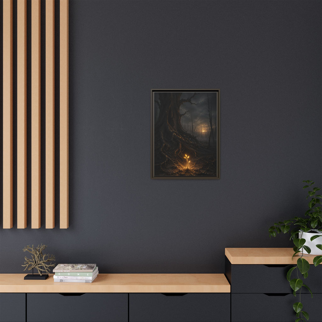 Framed Matte Canvas — Glow Sprout in Dark Forest (Ethereal Fantasy Wall Art)