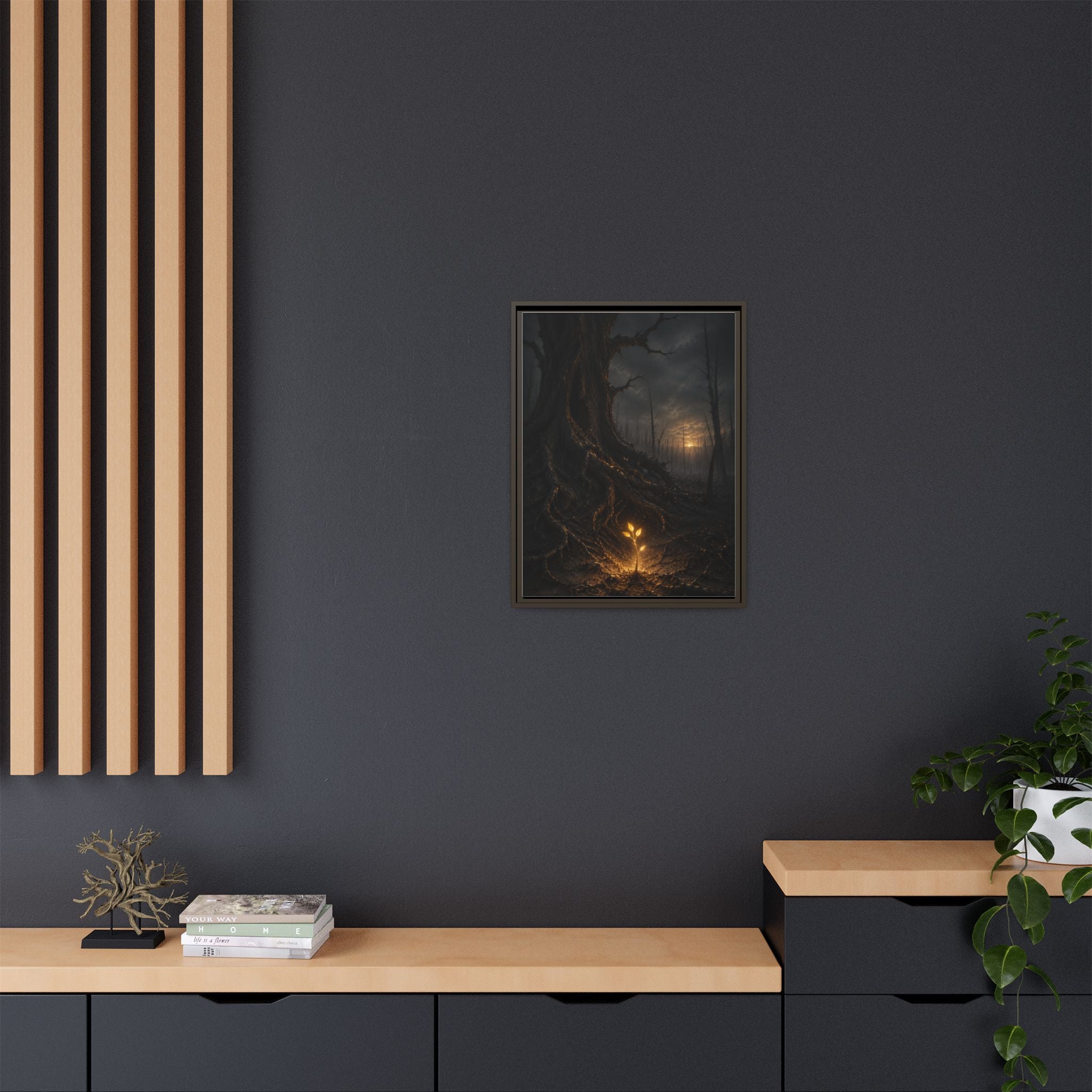 Framed Matte Canvas — Glow Sprout in Dark Forest (Ethereal Fantasy Wall Art)