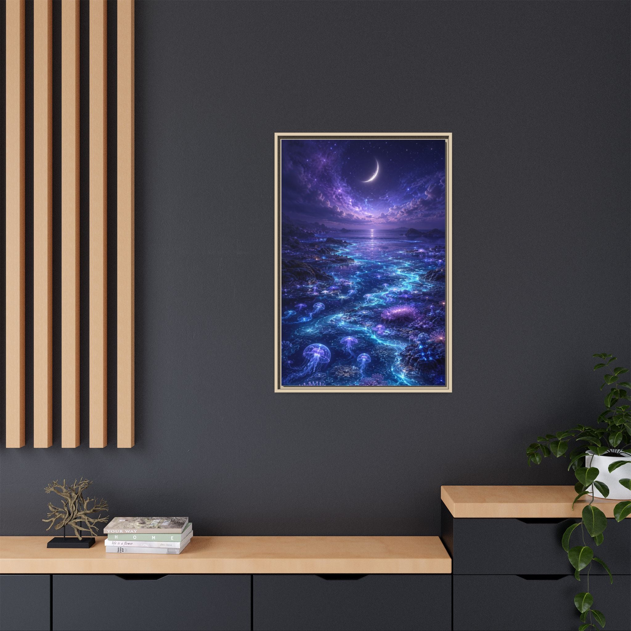 Framed Canvas Art — Bioluminescent Moonlit Ocean Scene