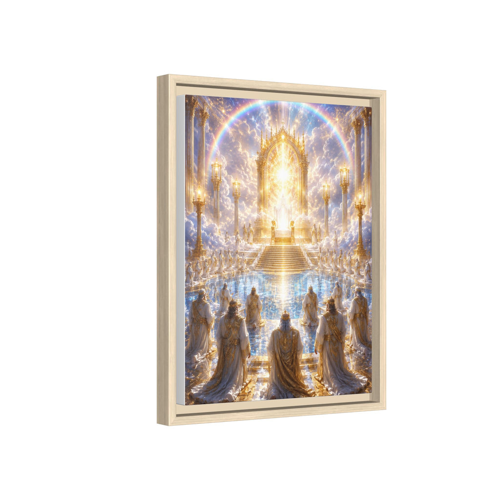 Heavenly Throne Room Matte Framed Canvas — Golden Angelic Realm Wall Art