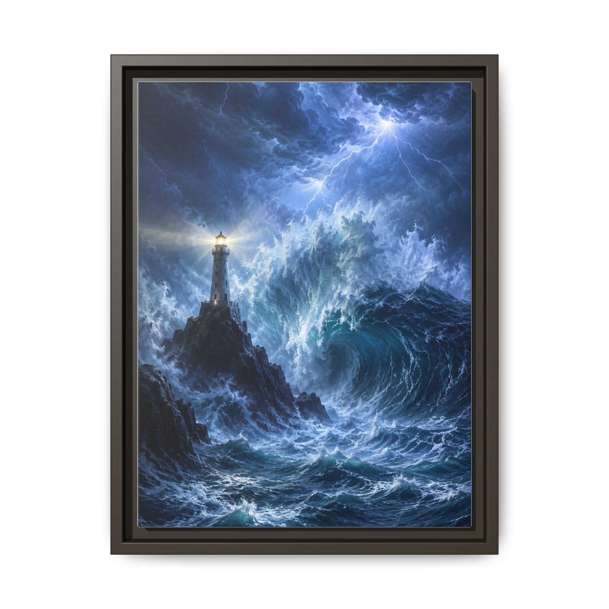 Framed Matte Canvas – Stormy Lighthouse Ocean Print