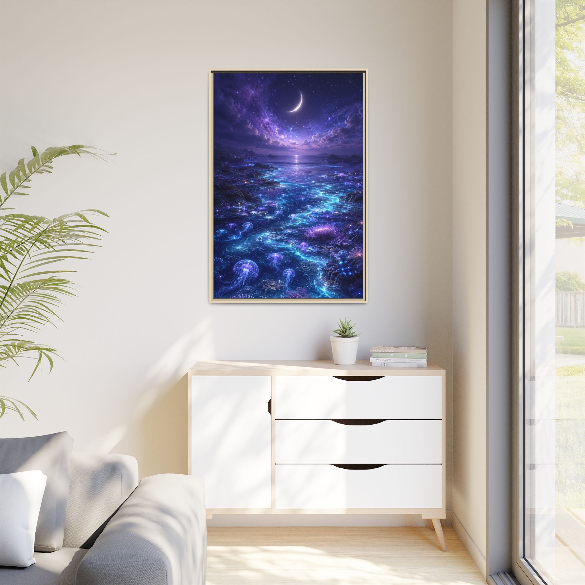 Framed Canvas Art — Bioluminescent Moonlit Ocean Scene