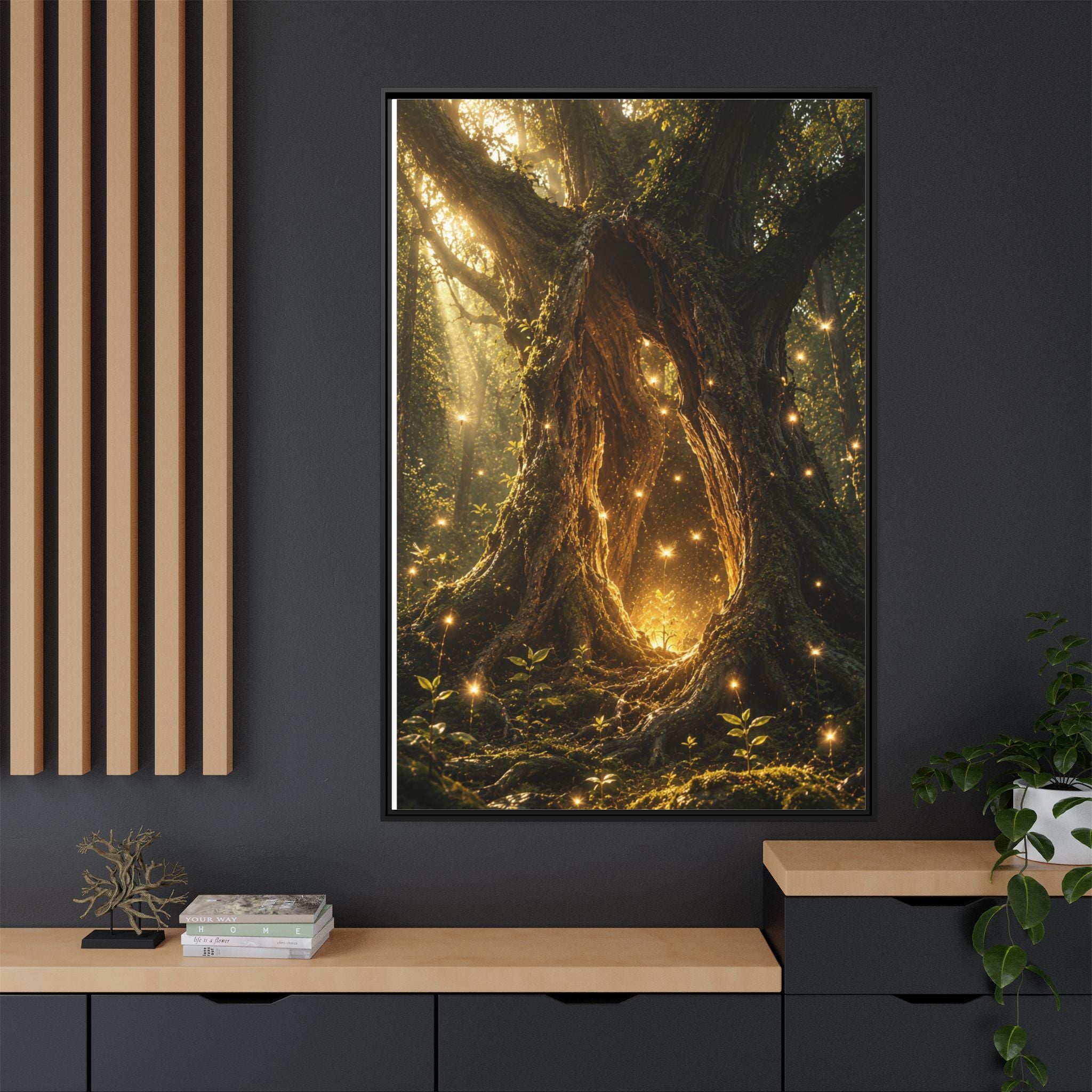 Framed Canvas Art - Enchanted Forest Tree with Glowing Fireflies