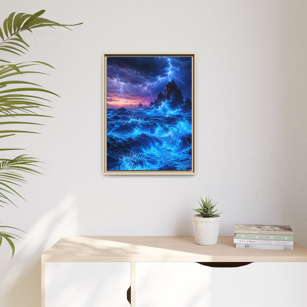 Framed Matte Canvas Art — Electric Stormy Ocean Landscape