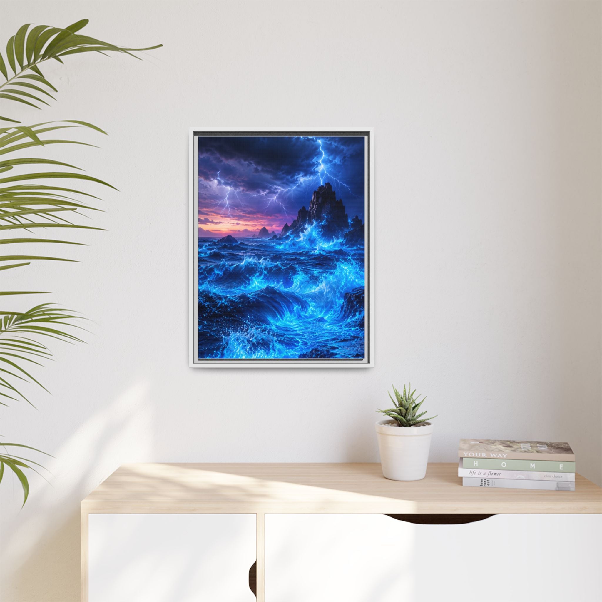 Framed Matte Canvas Art — Electric Stormy Ocean Landscape