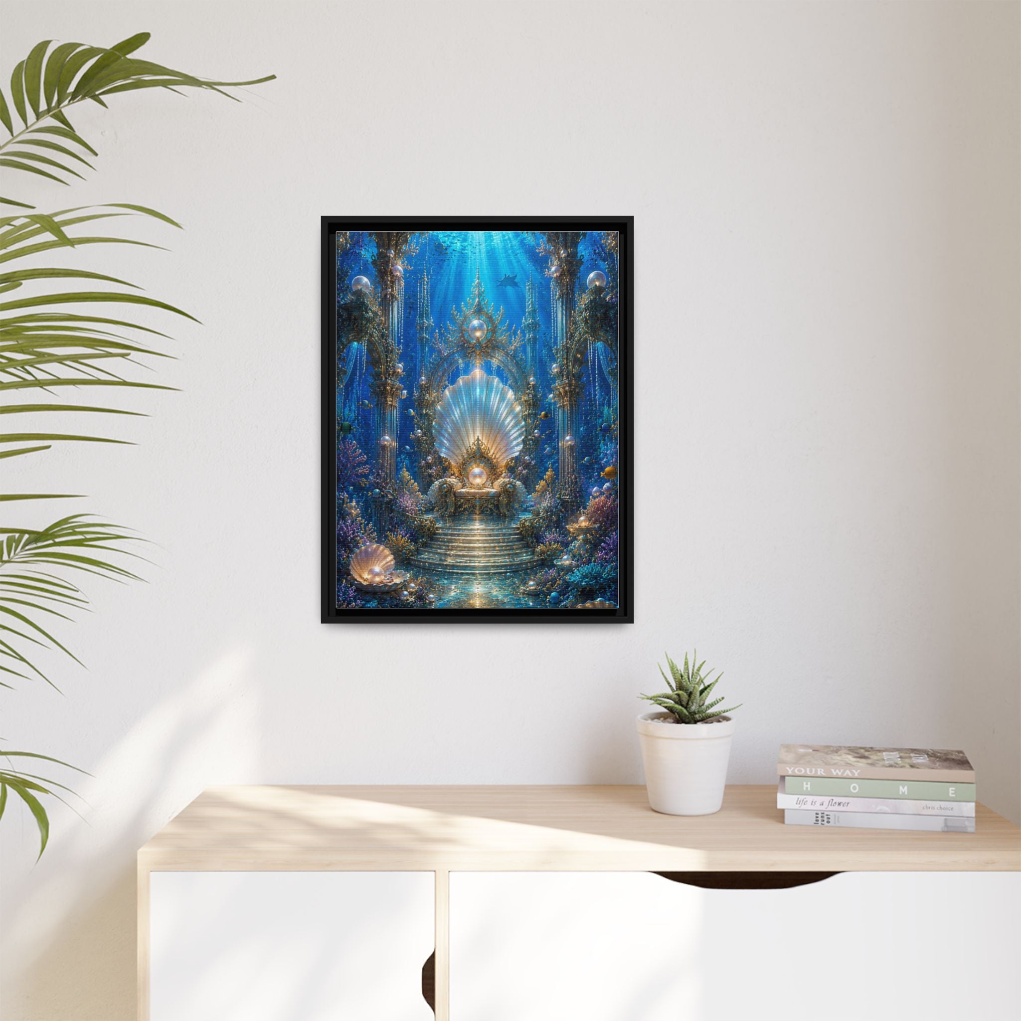 Underwater Palace Framed Canvas Art — Mermaid Throne Ocean Fantasy Print