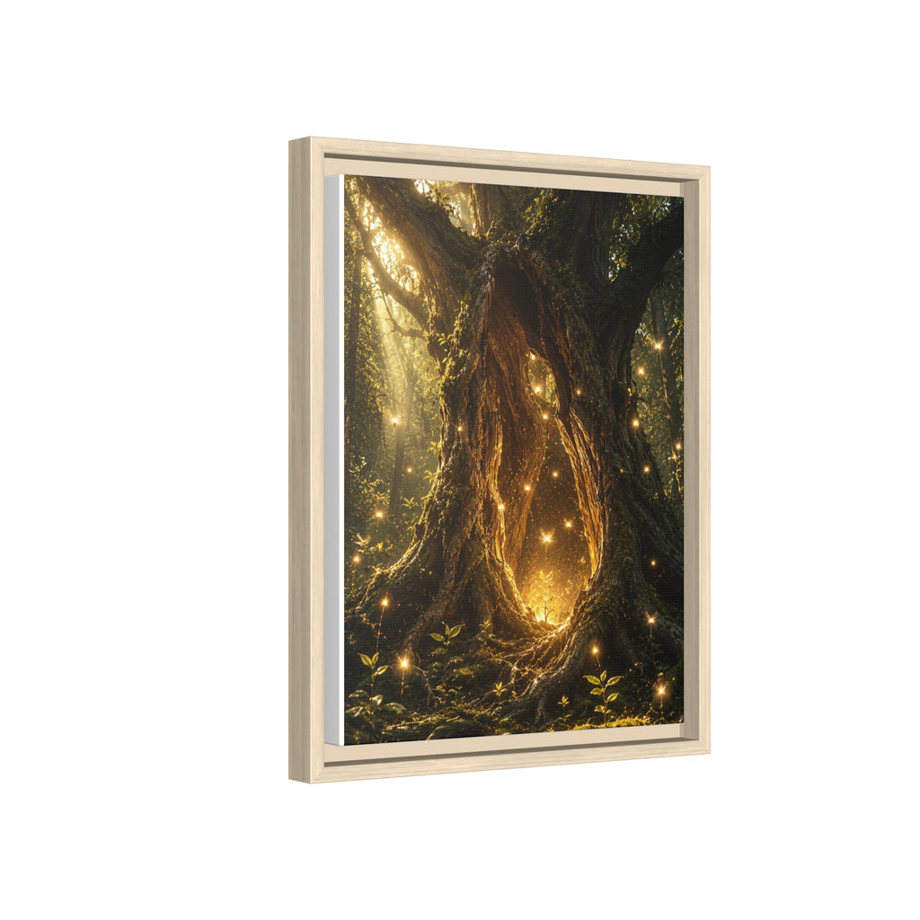 Framed Canvas Art - Enchanted Forest Tree with Glowing Fireflies