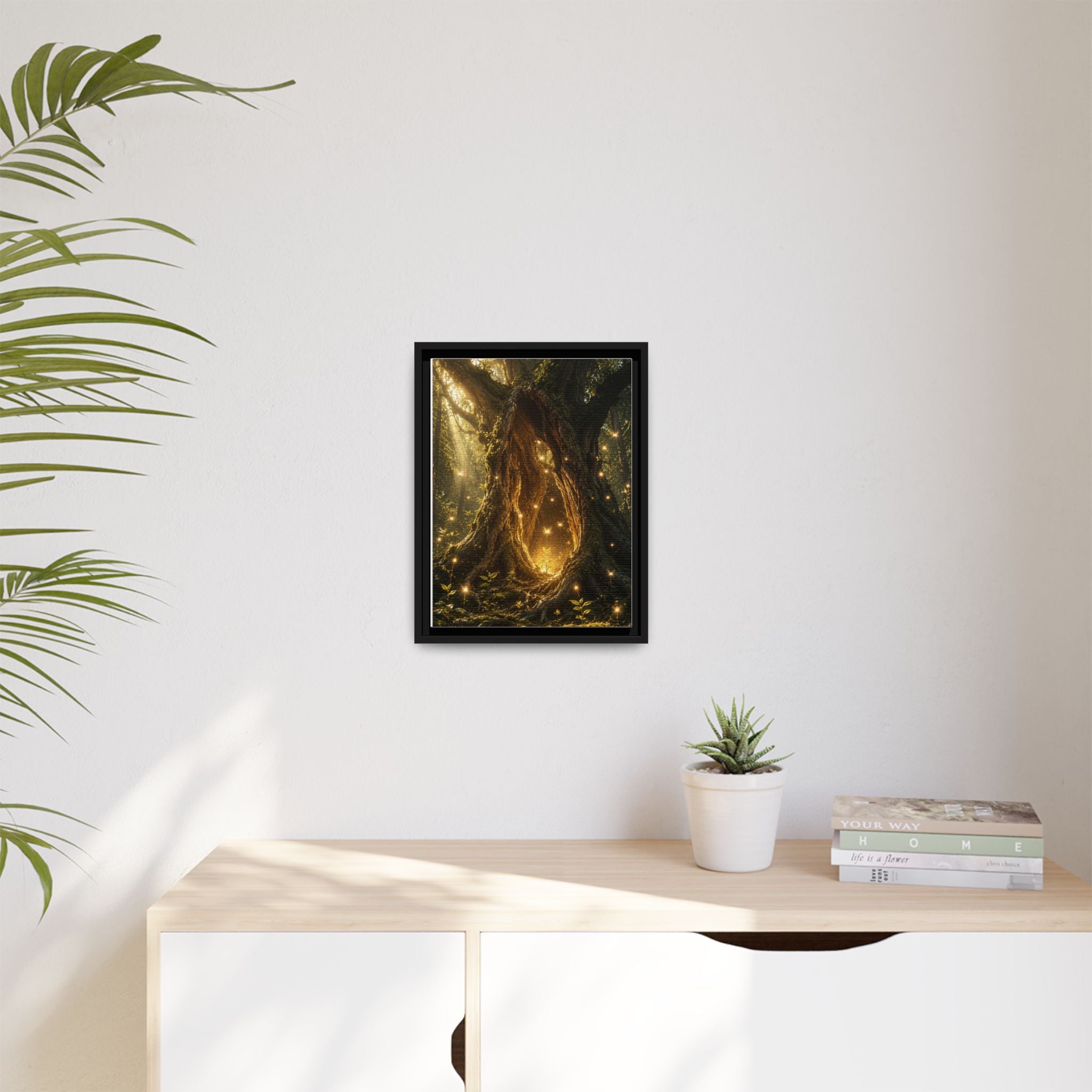 Framed Canvas Art - Enchanted Forest Tree with Glowing Fireflies