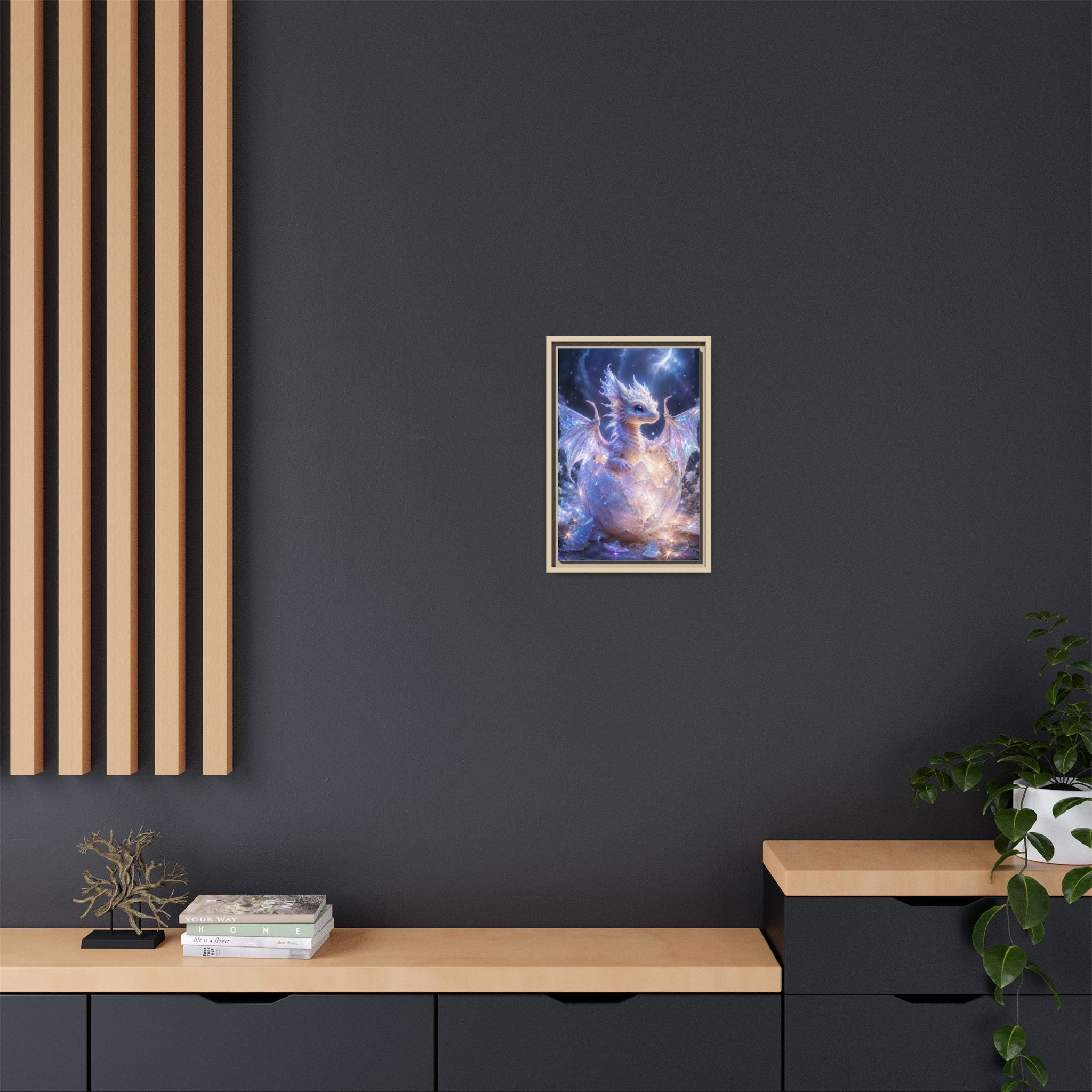 Framed Fantasy Dragon Canvas Print — Mystical Baby Dragon in Cracked Egg Wall Art