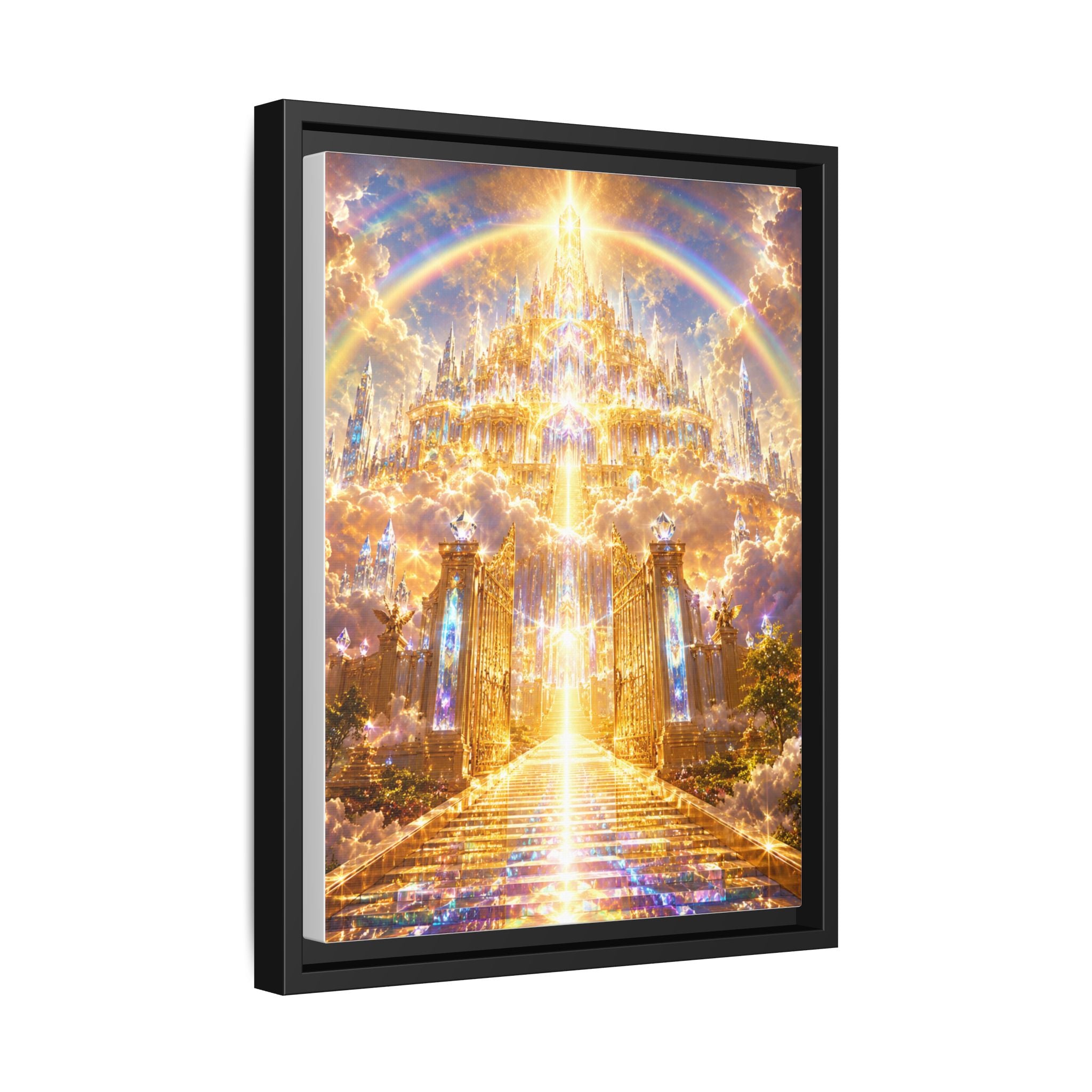 Heavenly Gateway Matte Framed Canvas — Golden Rainbow Spiritual Wall Art