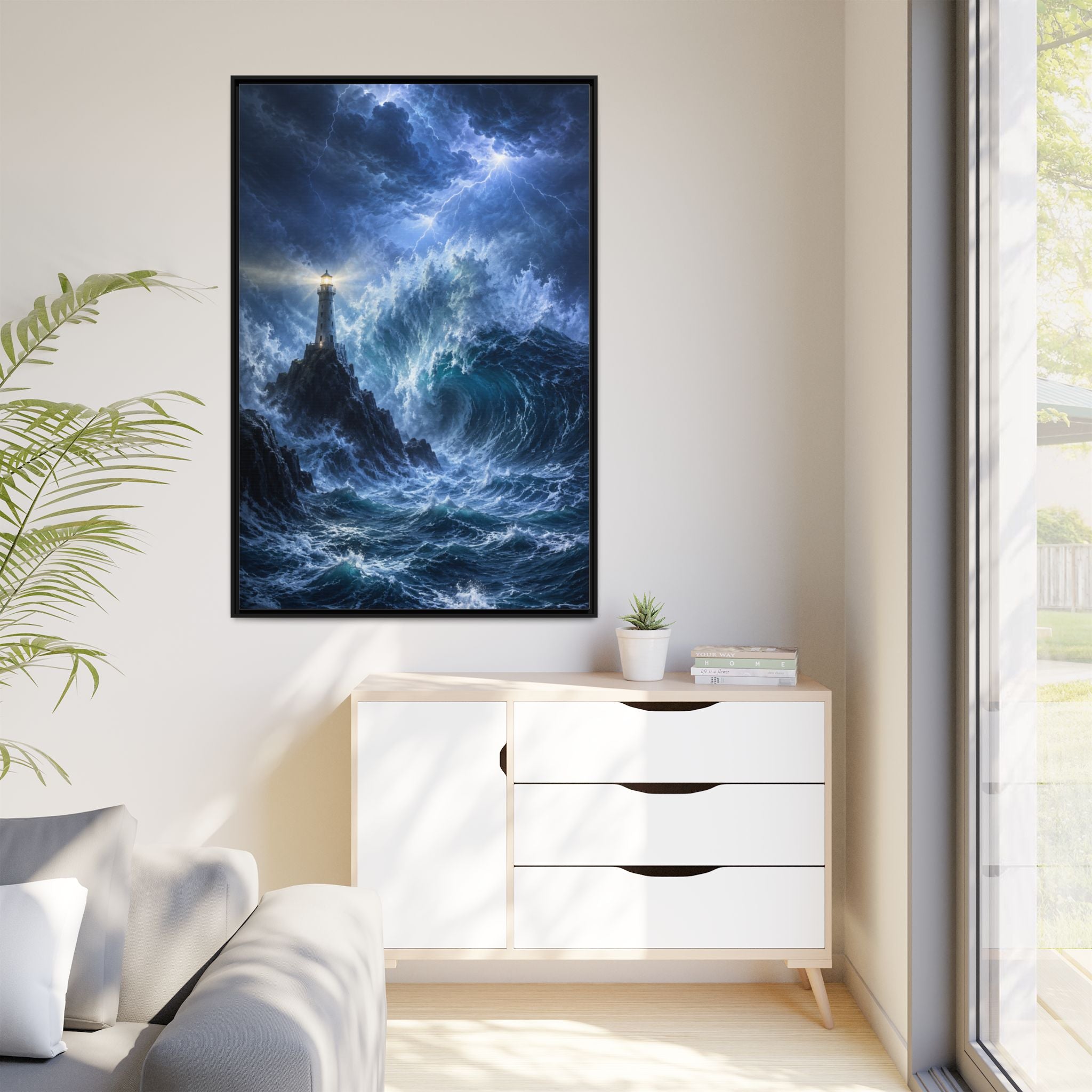 Framed Matte Canvas – Stormy Lighthouse Ocean Print