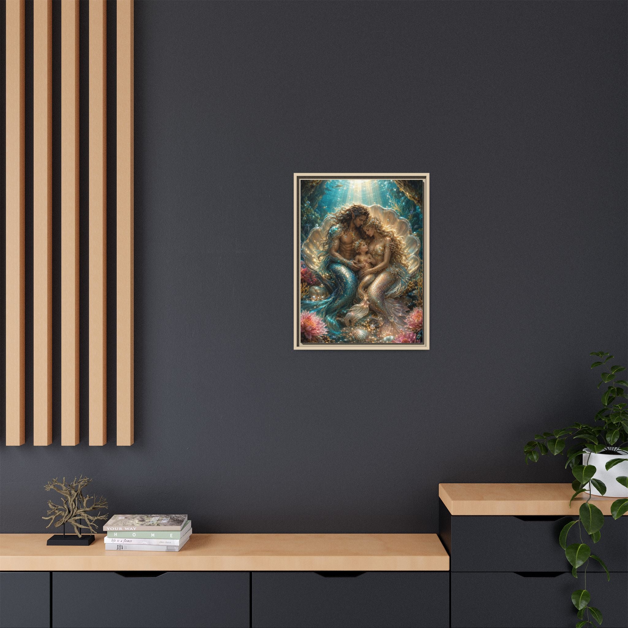 Framed Mermaid Family Art Print — Oceanic Fantasy Canvas Wall Decor