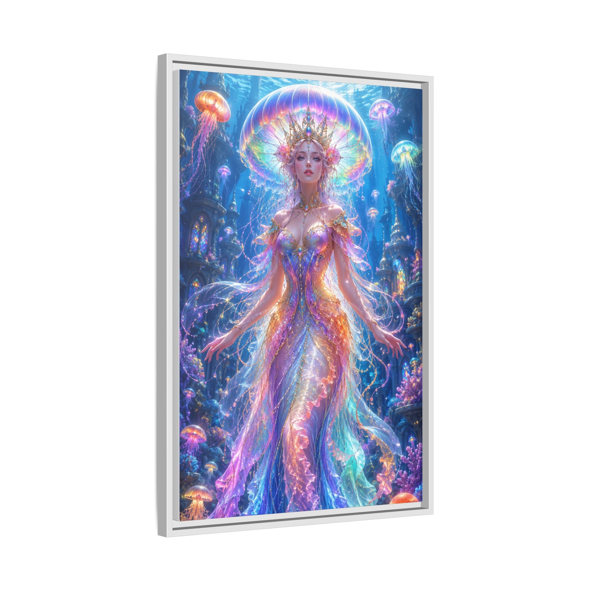 Jellyfish Queen Framed Canvas Art — Vibrant Mermaid Goddess Wall Print