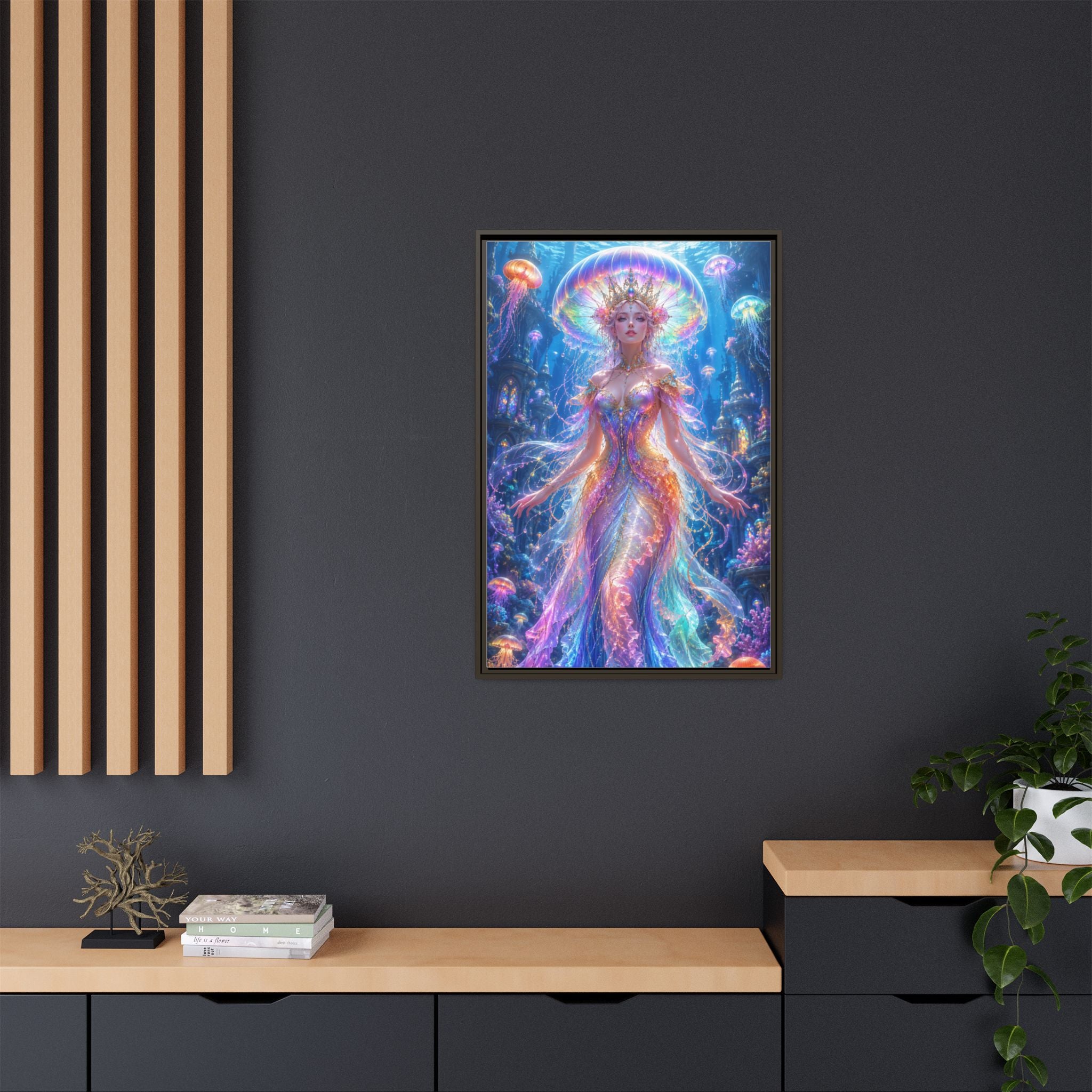 Jellyfish Queen Framed Canvas Art — Vibrant Mermaid Goddess Wall Print