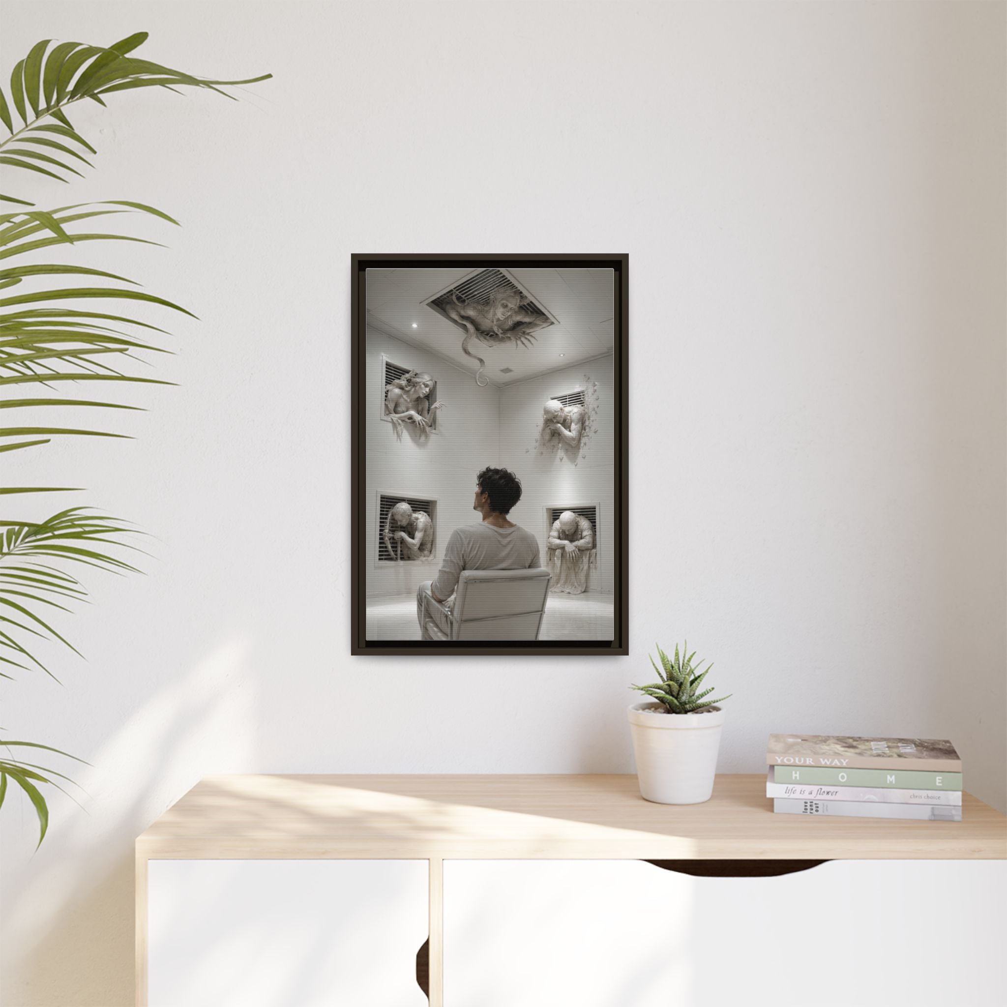 Surreal Wall Art Canvas — Man in Gallery with Sculpted Figures, Framed Matte Print