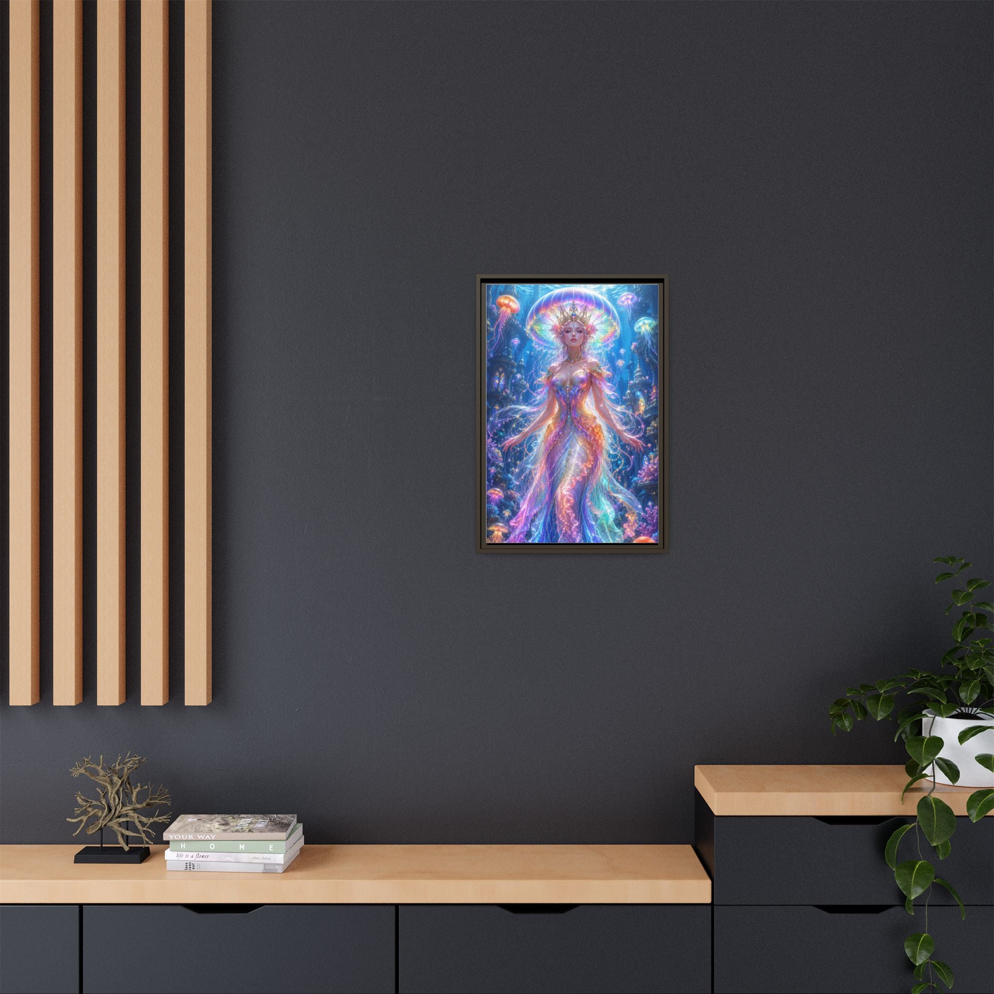 Jellyfish Queen Framed Canvas Art — Vibrant Mermaid Goddess Wall Print