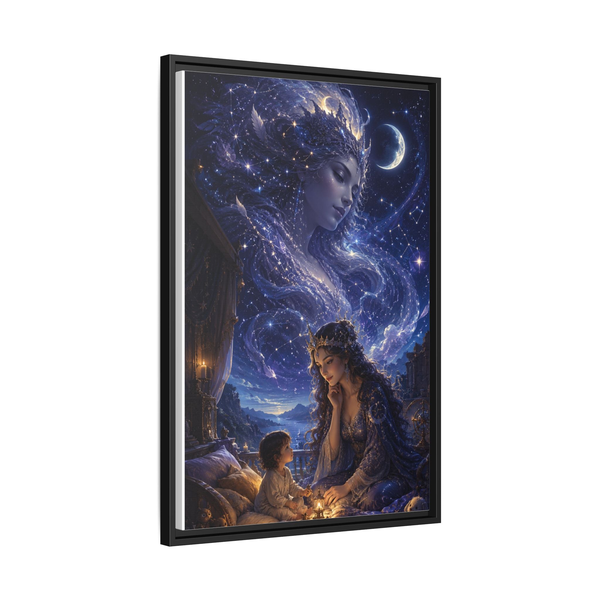 Framed Matte Canvas — Mystical Moon Mother & Child Nightscape Wall Art