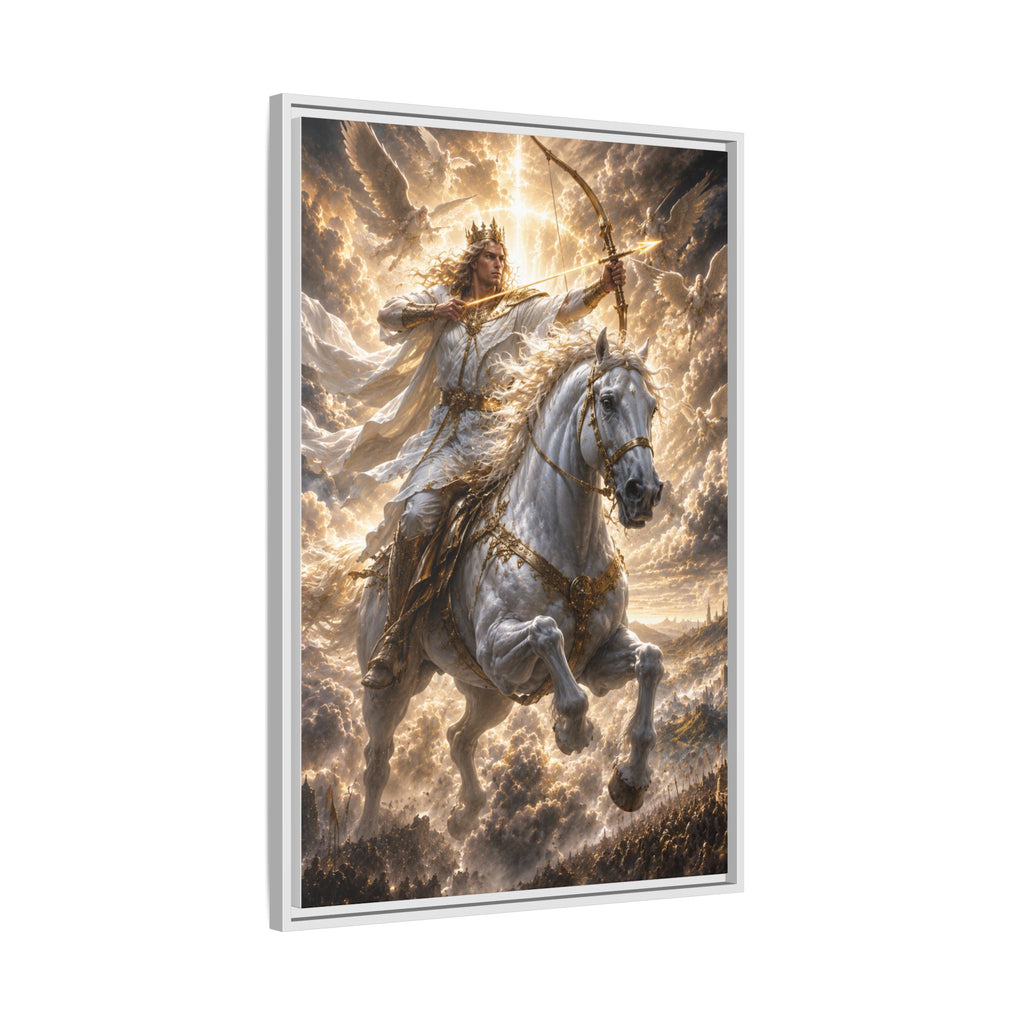Mythic Warrior on White Steed — Framed Matte Canvas Wall Art