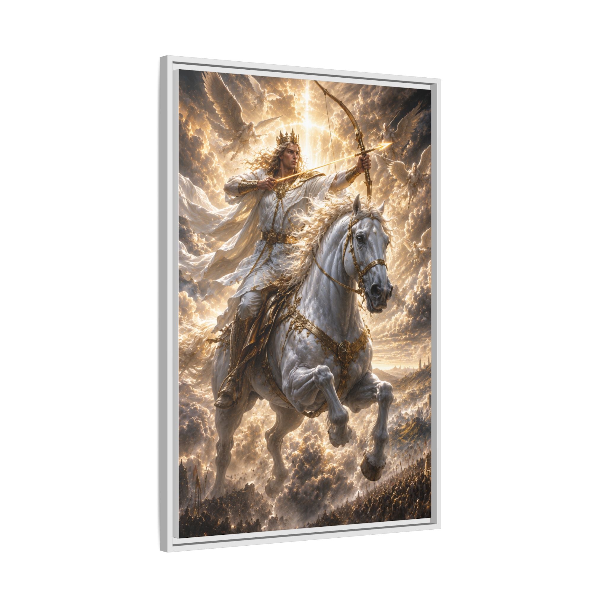 Mythic Warrior on White Steed — Framed Matte Canvas Wall Art